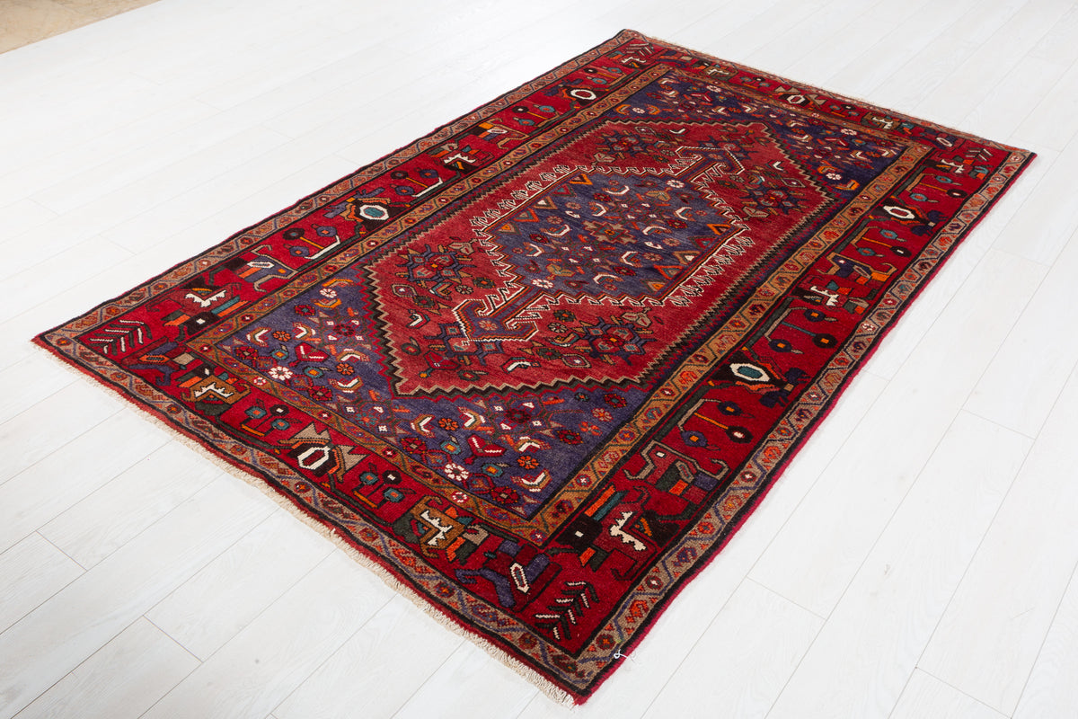 Vintage Rust Red, Navy Blue Central Medallion Area Rug – 6' 10" x 4' 7" (208 x 140 cm)