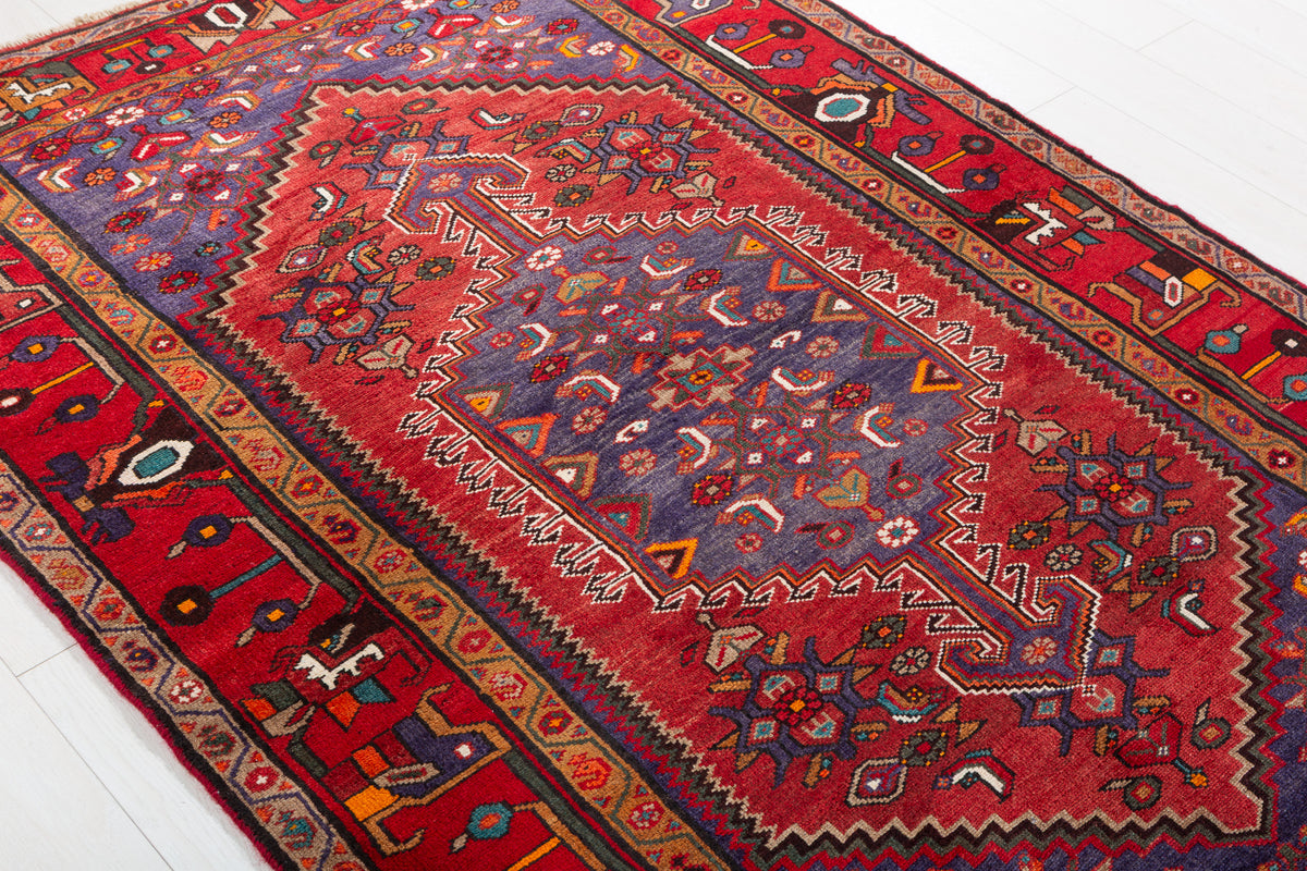 Vintage Rust Red, Navy Blue Central Medallion Area Rug – 6' 10" x 4' 7" (208 x 140 cm)
