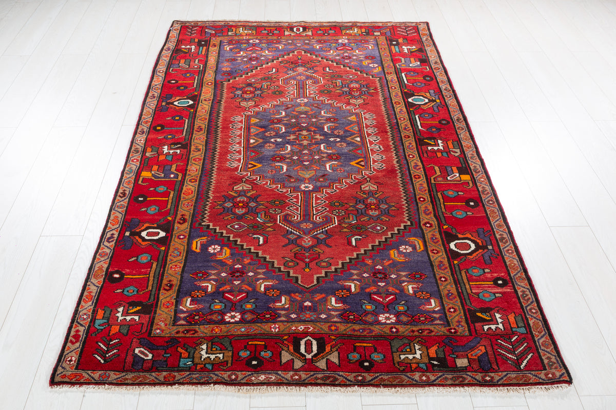 Vintage Rust Red, Navy Blue Central Medallion Area Rug – 6' 10" x 4' 7" (208 x 140 cm)