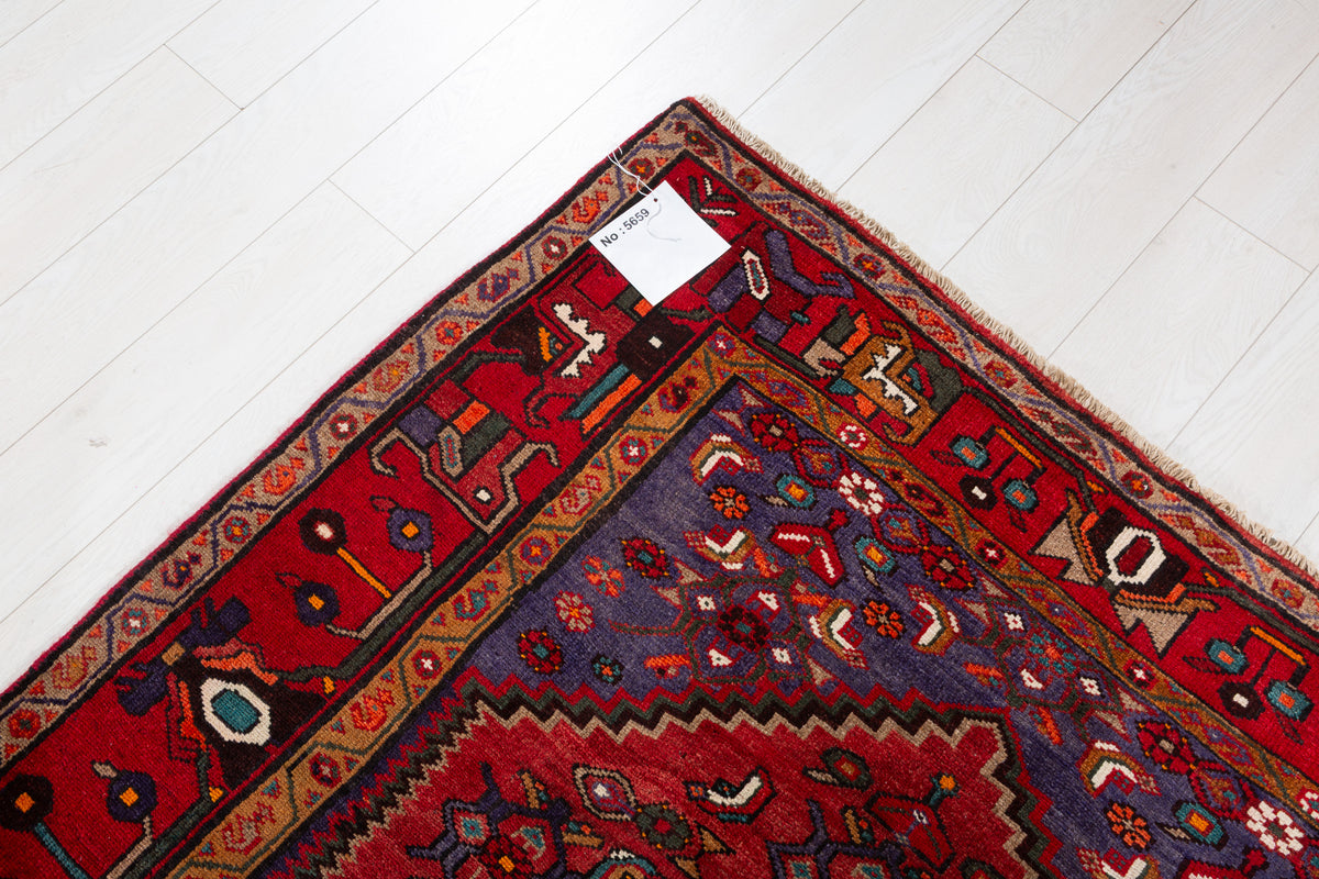 Vintage Rust Red, Navy Blue Central Medallion Area Rug – 6' 10" x 4' 7" (208 x 140 cm)