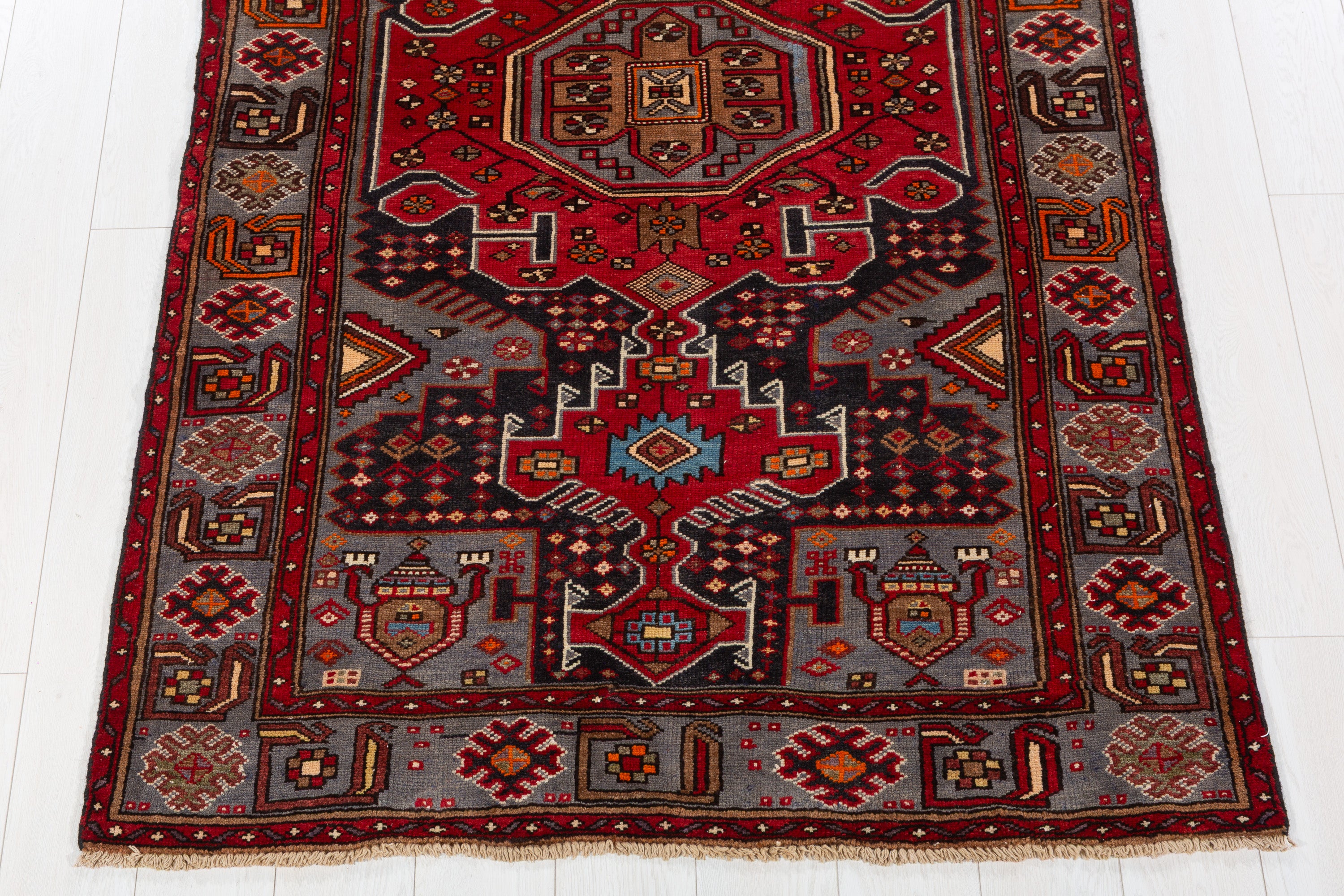 Collectible Vintage Red, Deep Navy Blue Geometric Medallion Area Rug – 6' 7" x 4' 0" (201 x 122 cm)