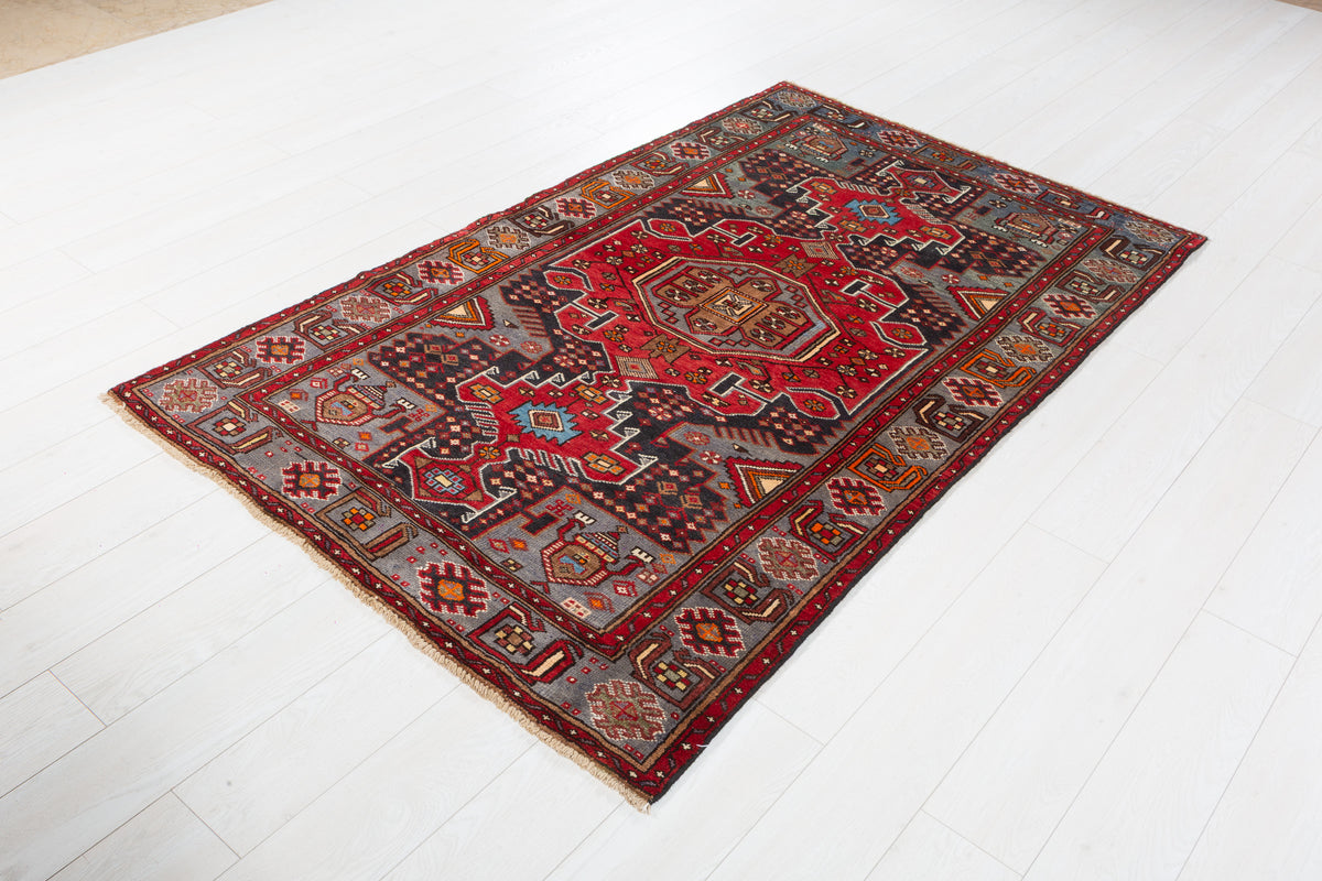 Collectible Vintage Red, Deep Navy Blue Geometric Medallion Area Rug – 6' 7" x 4' 0" (201 x 122 cm)