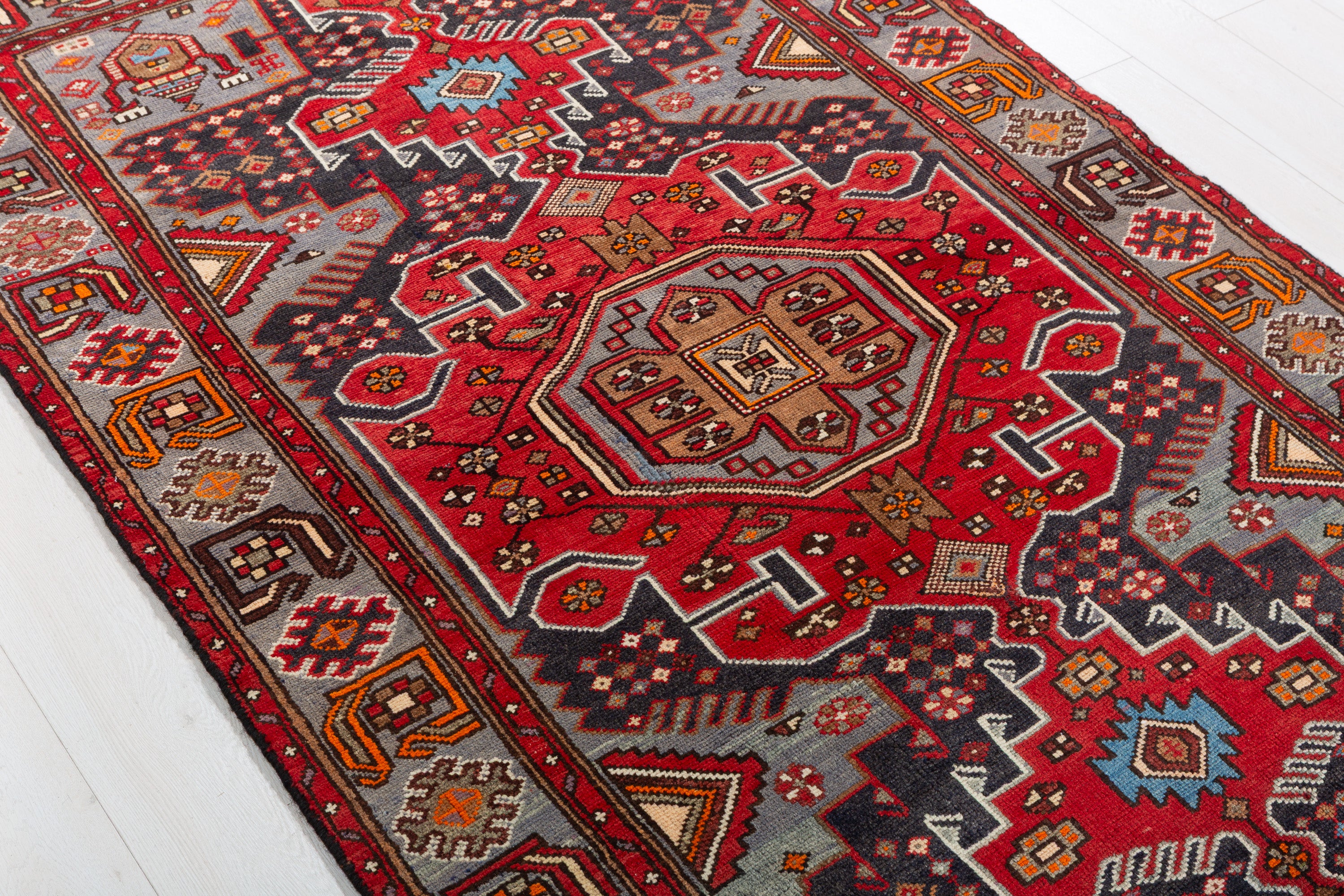 Collectible Vintage Red, Deep Navy Blue Geometric Medallion Area Rug – 6' 7" x 4' 0" (201 x 122 cm)