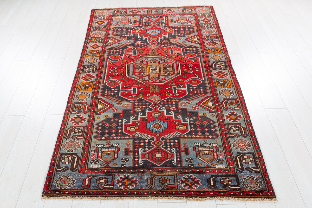 Collectible Vintage Red, Deep Navy Blue Geometric Medallion Area Rug – 6' 7" x 4' 0" (201 x 122 cm)