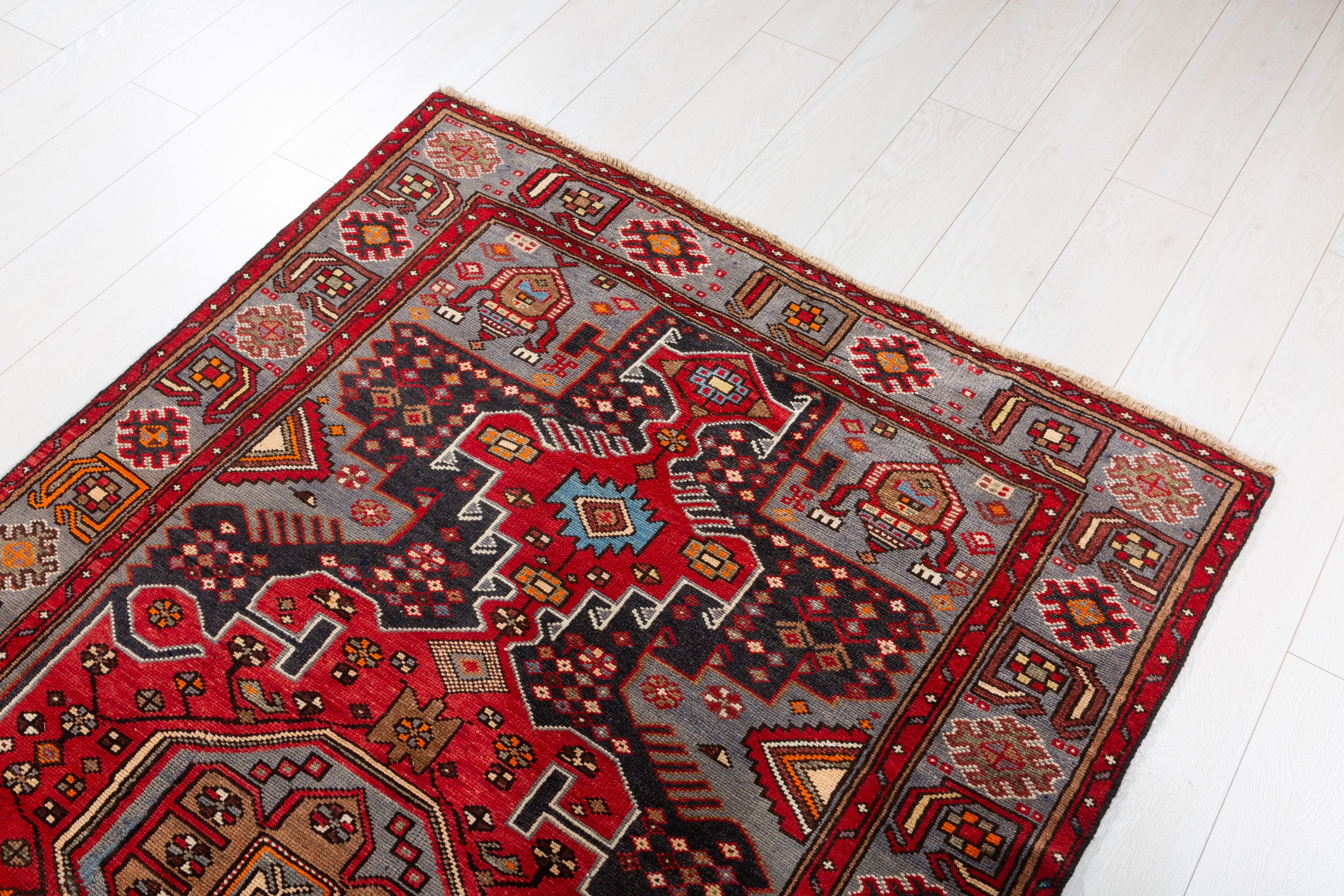 Collectible Vintage Red, Deep Navy Blue Geometric Medallion Area Rug – 6' 7" x 4' 0" (201 x 122 cm)