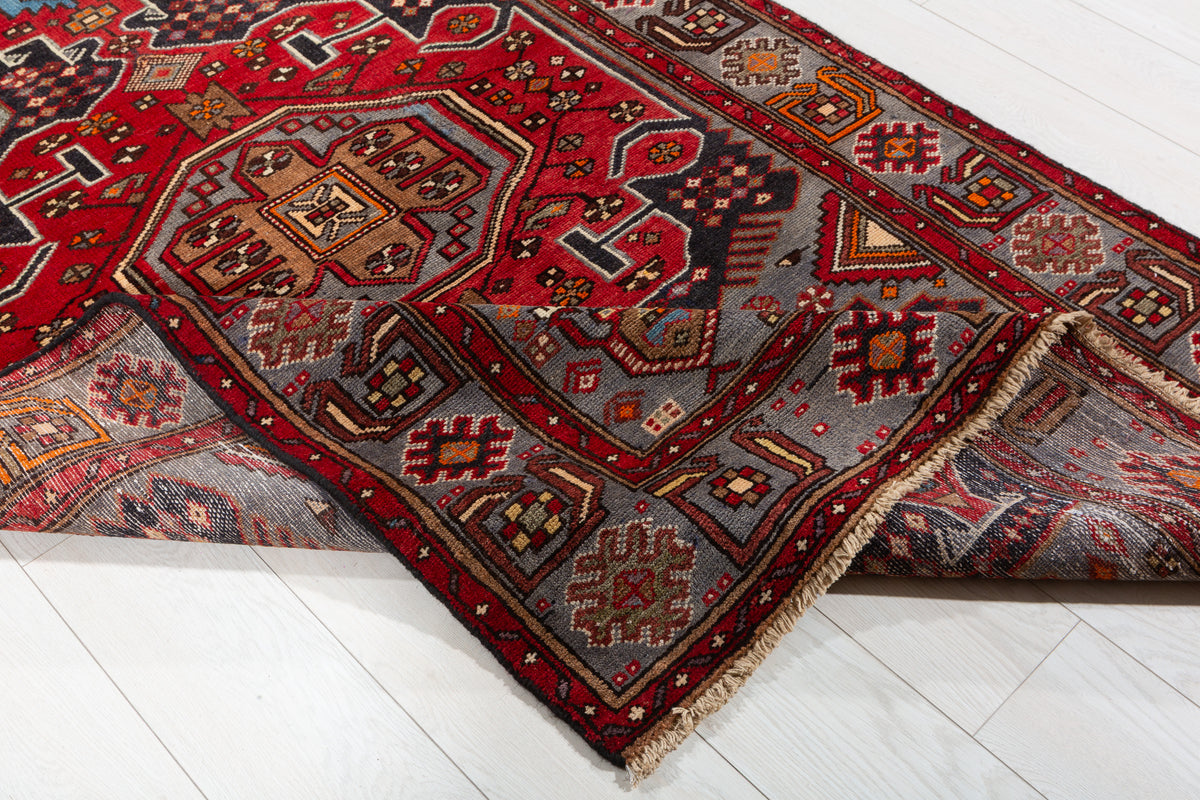 Collectible Vintage Red, Deep Navy Blue Geometric Medallion Area Rug – 6' 7" x 4' 0" (201 x 122 cm)
