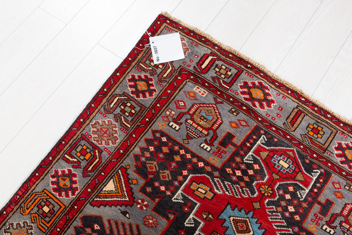 Collectible Vintage Red, Deep Navy Blue Geometric Medallion Area Rug – 6' 7" x 4' 0" (201 x 122 cm)