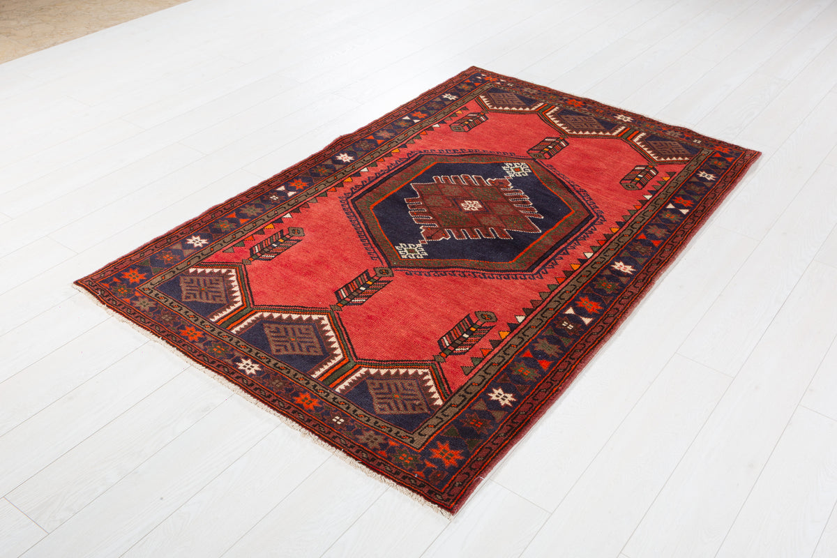 Vintage Coral, Navy Blue Diamond Medallion Area Rug – 6' 2" x 3' 10" (187 x 118 cm)