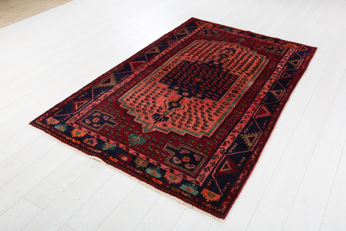 Collectible Vintage Maroon & Pink Geometric Area Rug – 6' 9" x 4' 5" (207 x 134 cm)