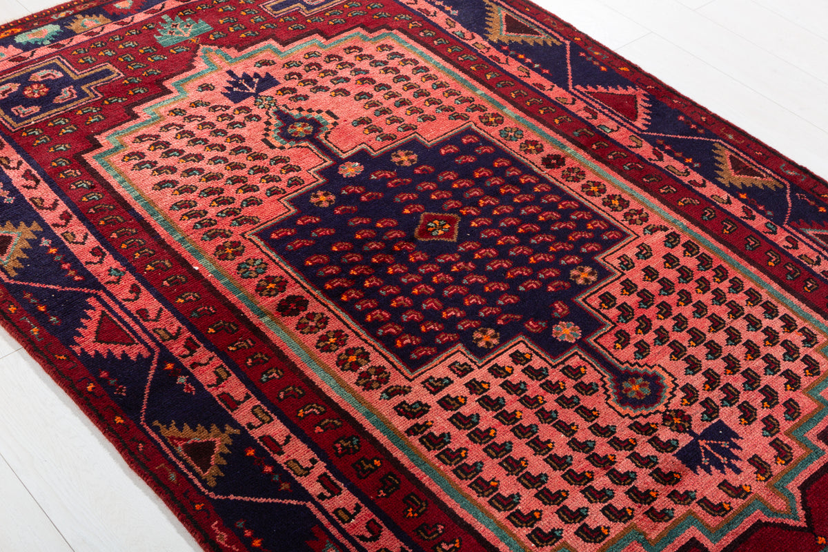 Collectible Vintage Maroon & Pink Geometric Area Rug – 6' 9" x 4' 5" (207 x 134 cm)