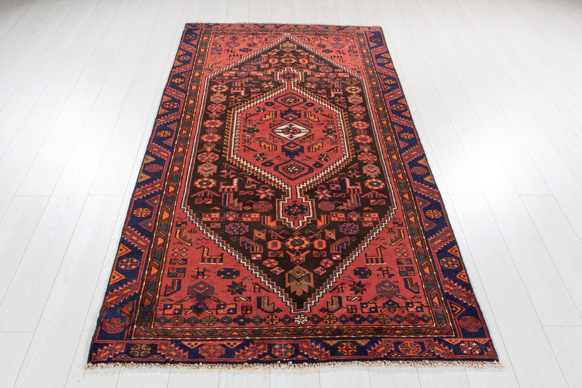 Vintage Black, Rust Red Elongated Medallion Area Rug – 7' 5" x 4' 0" (226 x 123 cm)