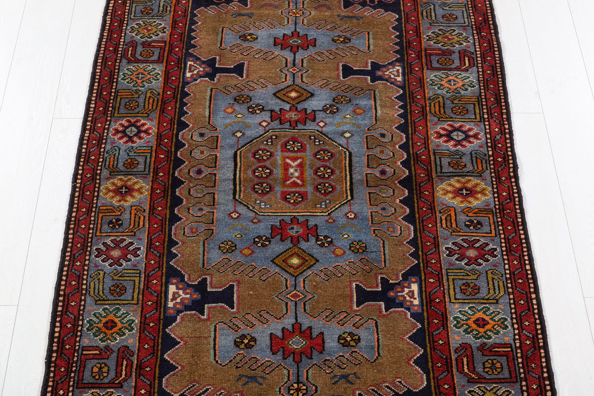Collectible Vintage Brown, Turquoise Blue Geometric Medallion Area Rug – 6' 6" x 3' 8" (198 x 113 cm)