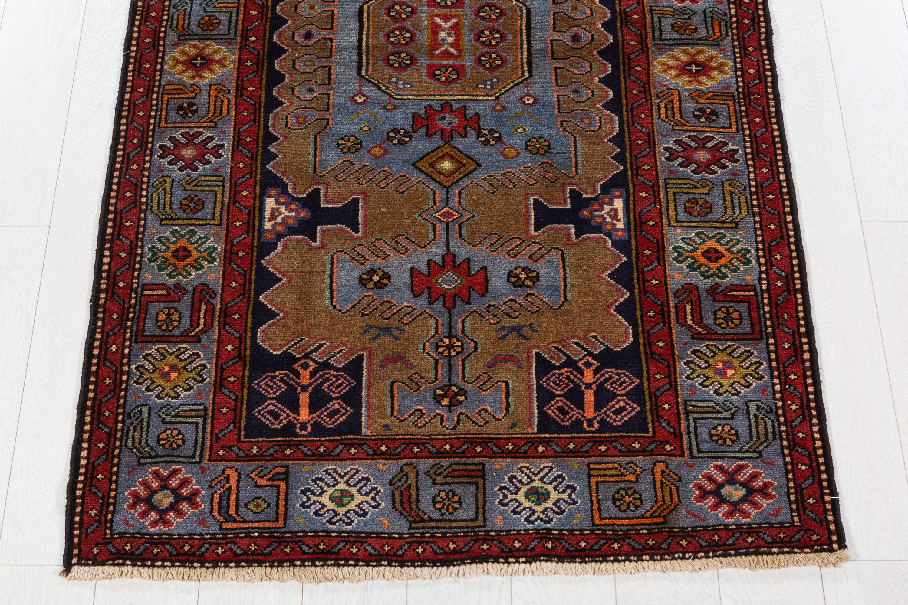 Collectible Vintage Brown, Turquoise Blue Geometric Medallion Area Rug – 6' 6" x 3' 8" (198 x 113 cm)