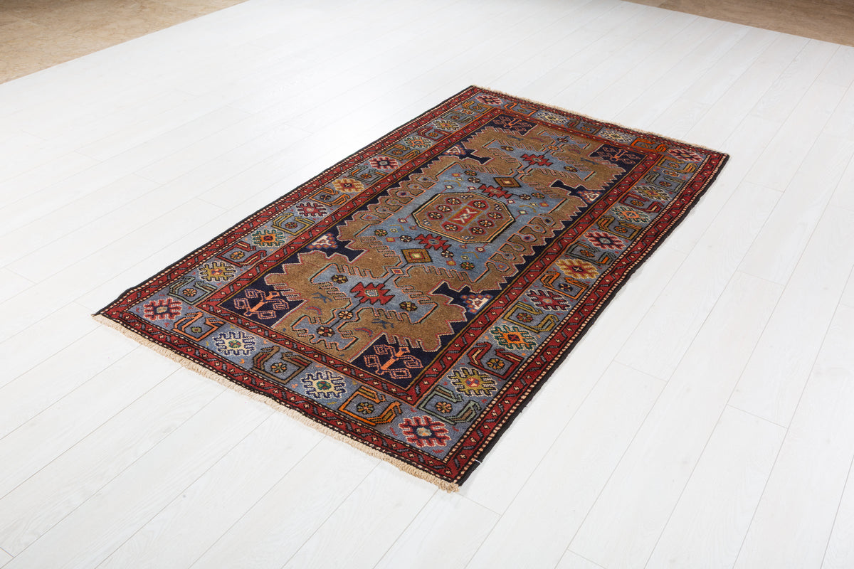 Collectible Vintage Brown, Turquoise Blue Geometric Medallion Area Rug – 6' 6" x 3' 8" (198 x 113 cm)