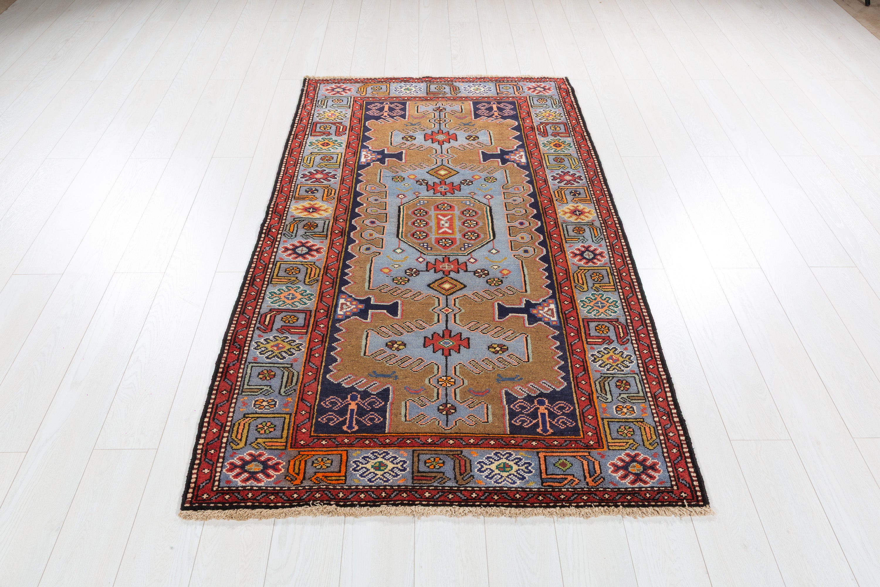 Collectible Vintage Brown, Turquoise Blue Geometric Medallion Area Rug – 6' 6" x 3' 8" (198 x 113 cm)