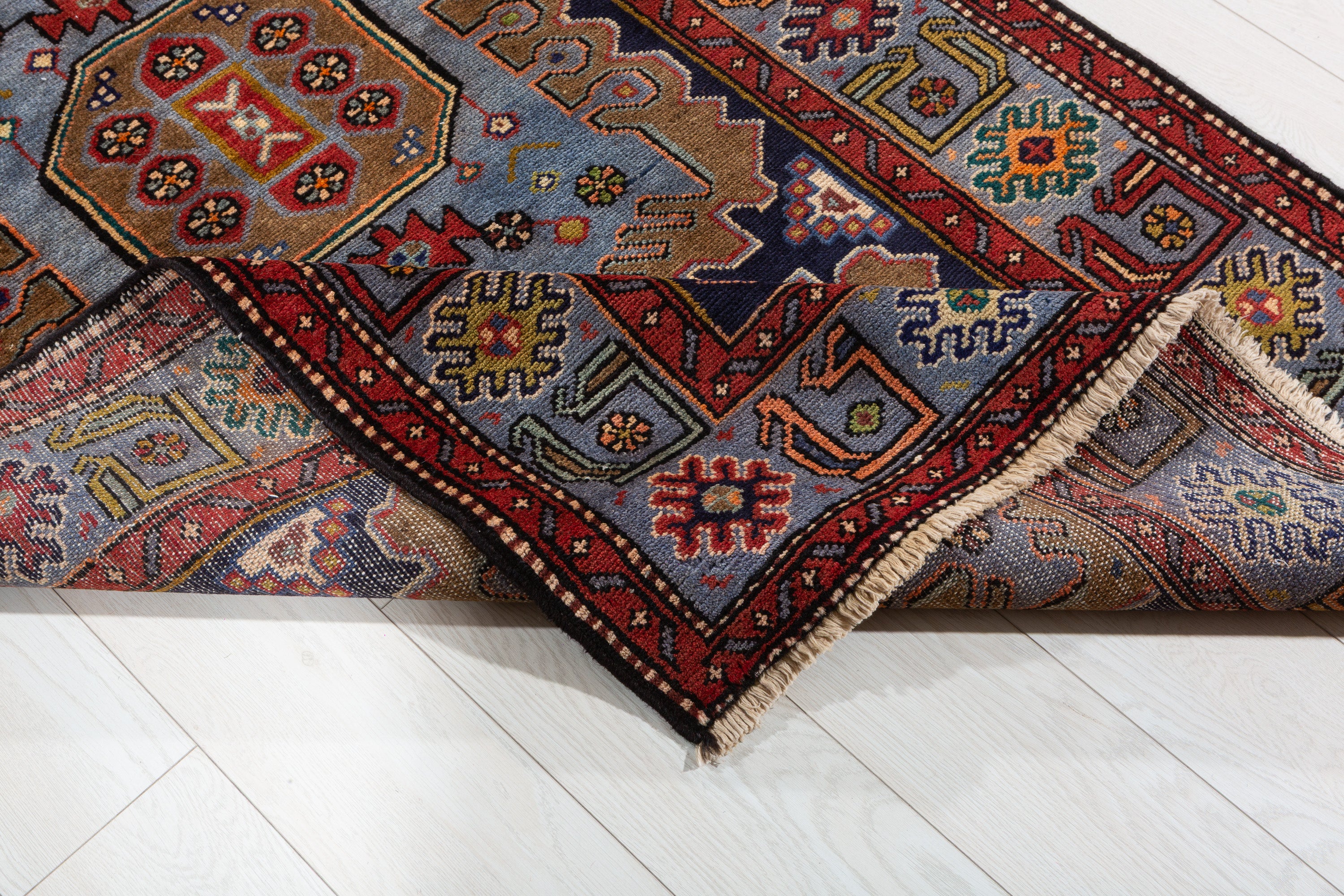 Collectible Vintage Brown, Turquoise Blue Geometric Medallion Area Rug – 6' 6" x 3' 8" (198 x 113 cm)