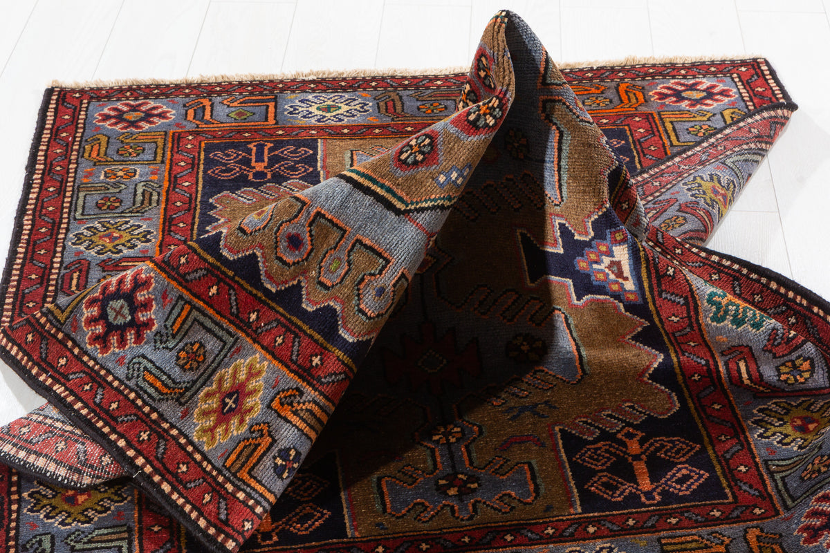Collectible Vintage Brown, Turquoise Blue Geometric Medallion Area Rug – 6' 6" x 3' 8" (198 x 113 cm)