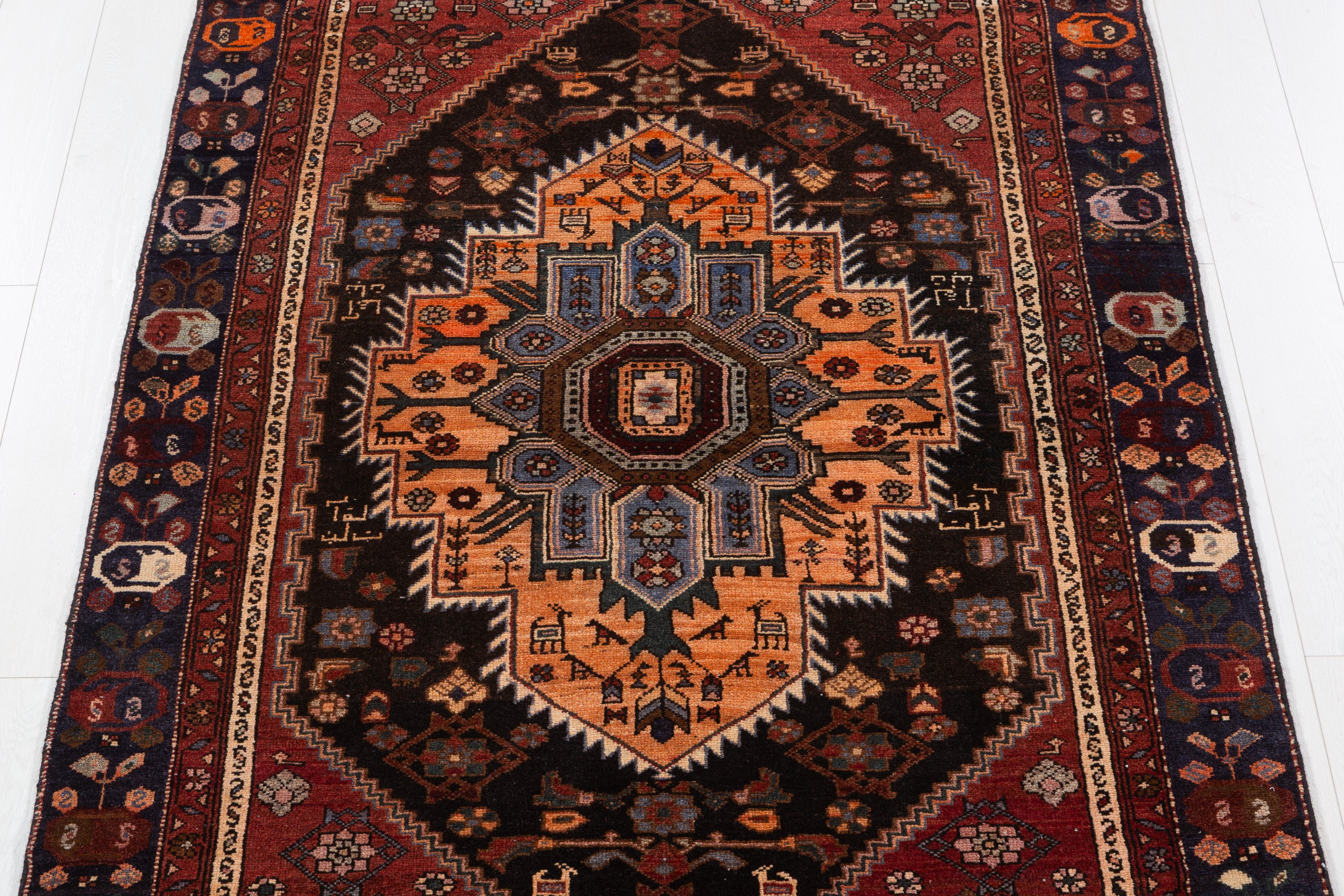 Collectible Vintage Black, Rust Red Geometric Medallion Area Rug – 7' 1" x 4' 3" (216 x 130 cm)