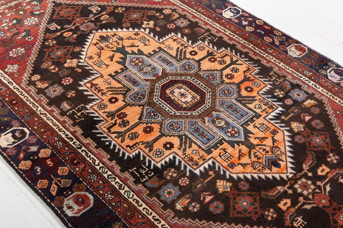 Collectible Vintage Black, Rust Red Geometric Medallion Area Rug – 7' 1" x 4' 3" (216 x 130 cm)