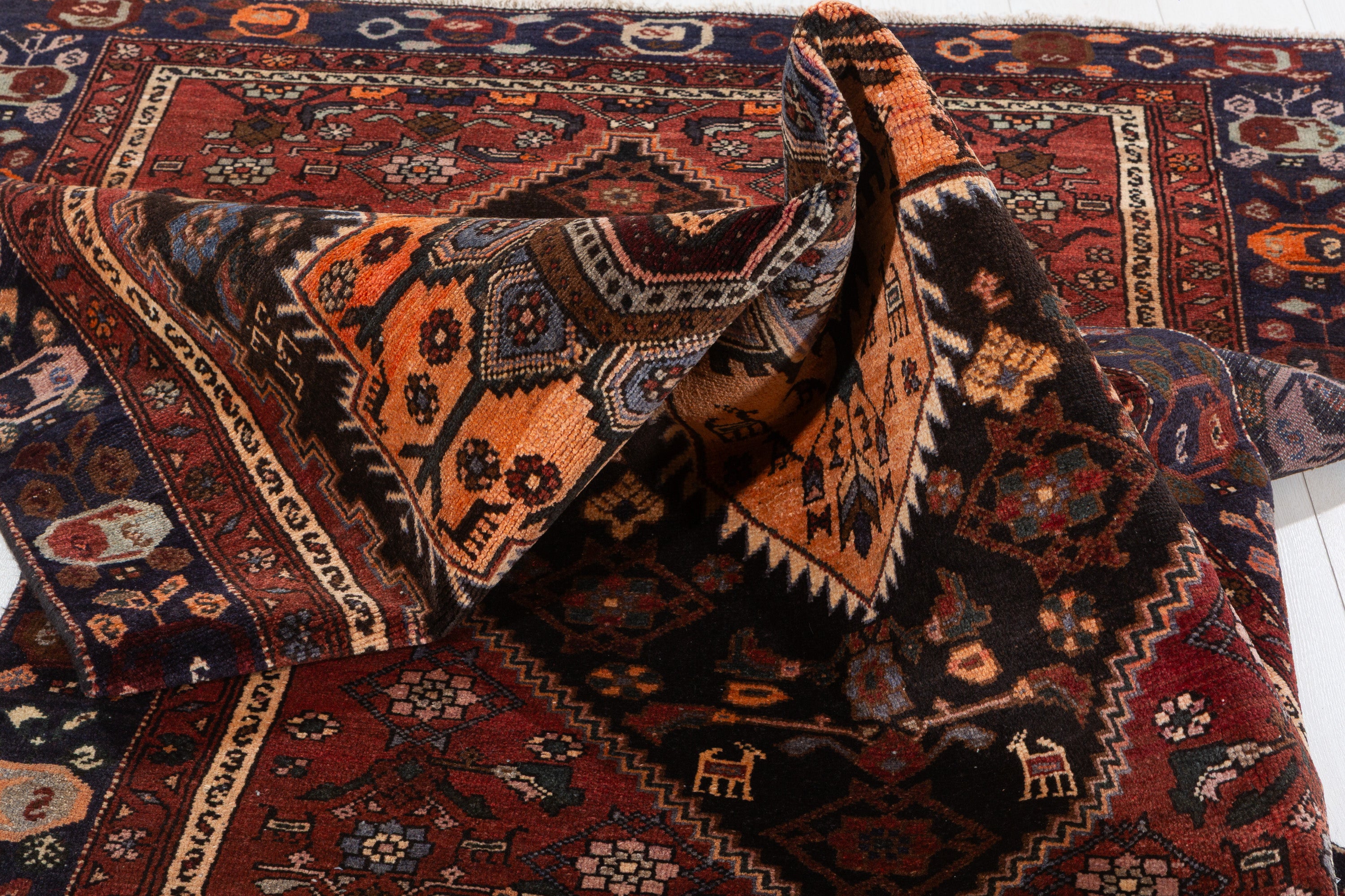 Collectible Vintage Black, Rust Red Geometric Medallion Area Rug – 7' 1" x 4' 3" (216 x 130 cm)