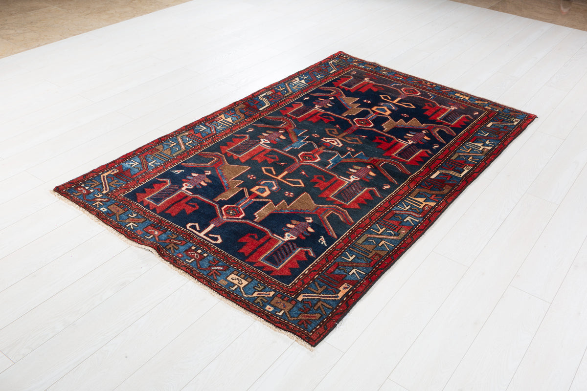 Collectible Vintage Deep Navy Blue, Red Animal Motif Area Rug – 6' 8" x 4' 3" (204 x 129 cm)