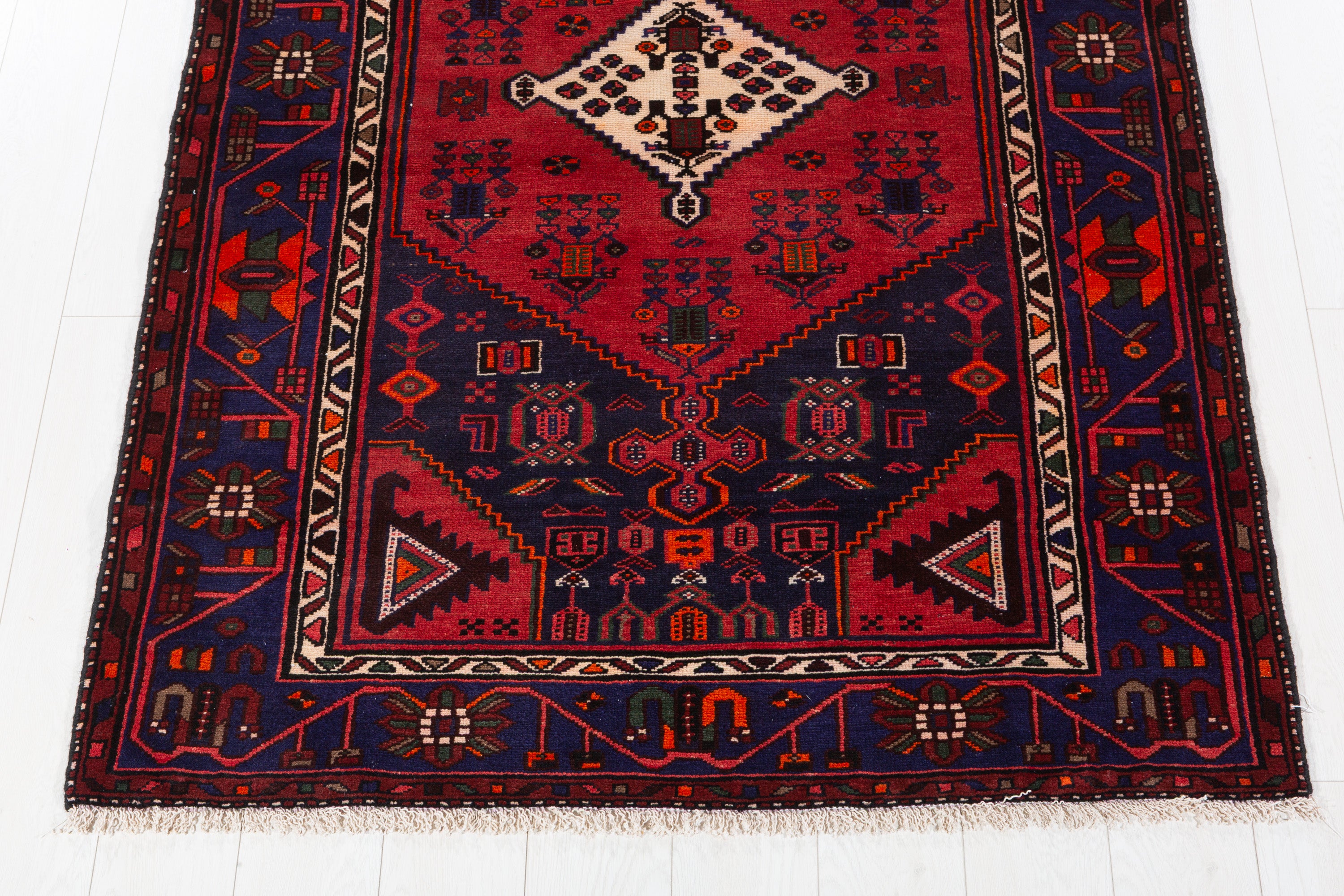 Vintage Deep Navy Blue Red, Orange Diamond Medallion Area Rug – 6' 6" x 4' 2" (197 x 127 cm)