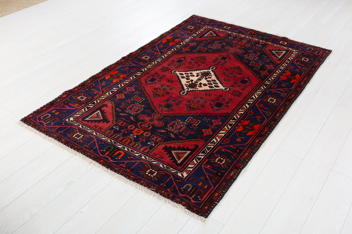 Vintage Deep Navy Blue Red, Orange Diamond Medallion Area Rug – 6' 6" x 4' 2" (197 x 127 cm)