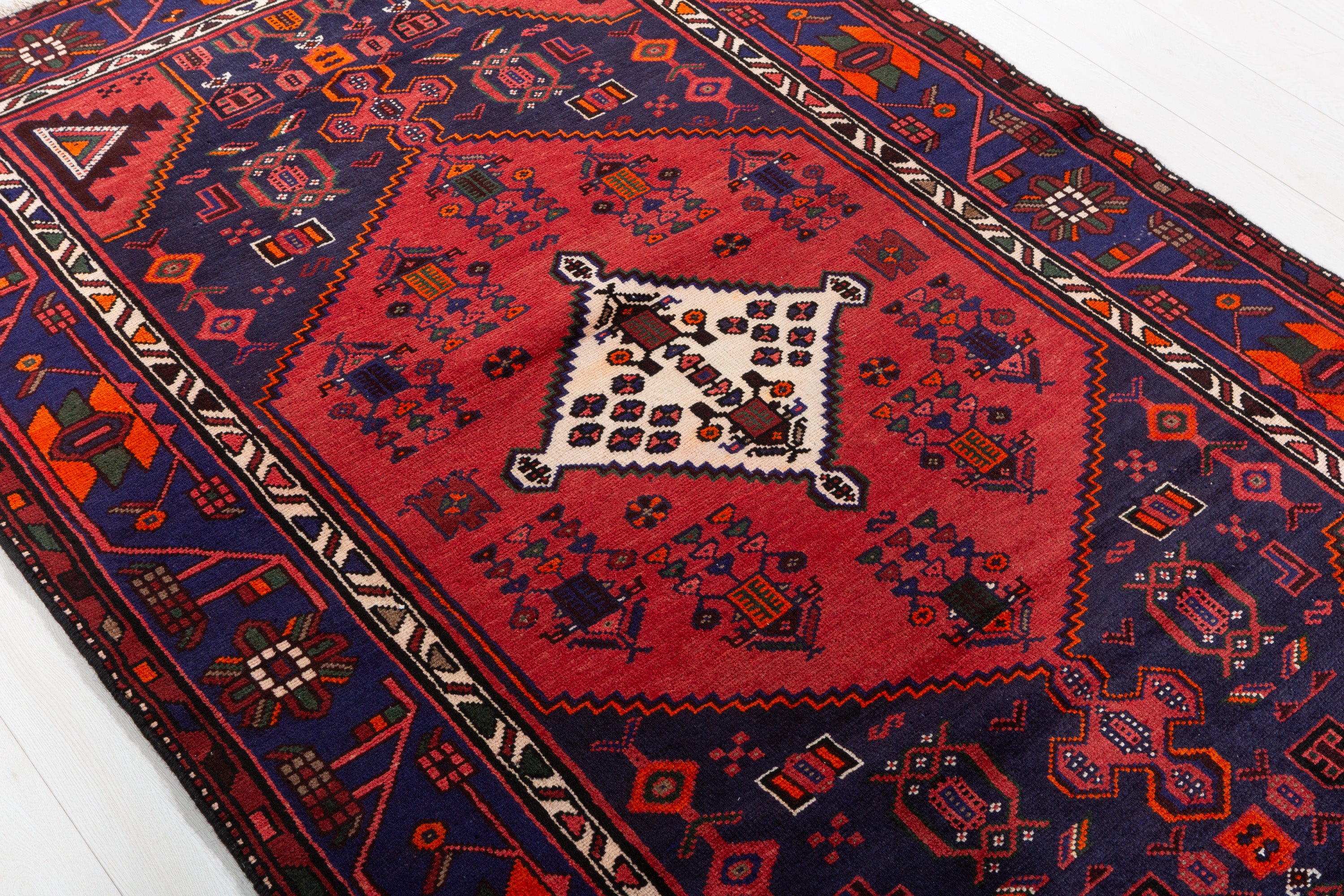 Vintage Deep Navy Blue Red, Orange Diamond Medallion Area Rug – 6' 6" x 4' 2" (197 x 127 cm)