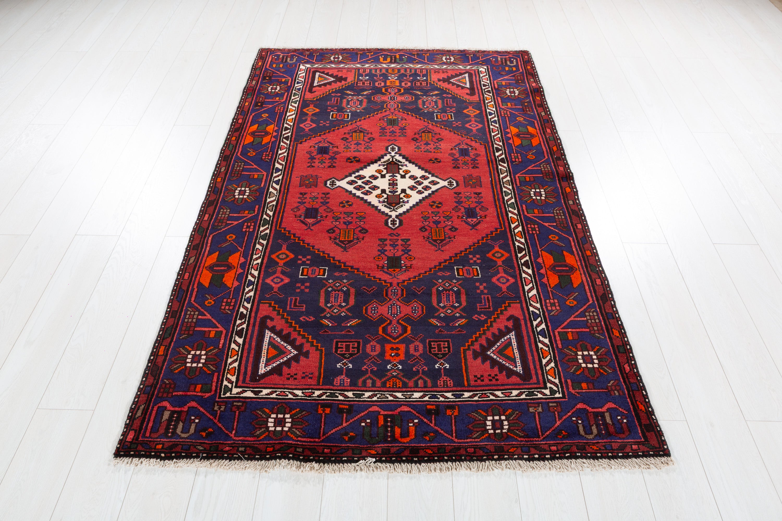 Vintage Deep Navy Blue Red, Orange Diamond Medallion Area Rug – 6' 6" x 4' 2" (197 x 127 cm)