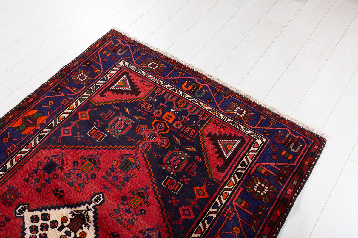 Vintage Deep Navy Blue Red, Orange Diamond Medallion Area Rug – 6' 6" x 4' 2" (197 x 127 cm)