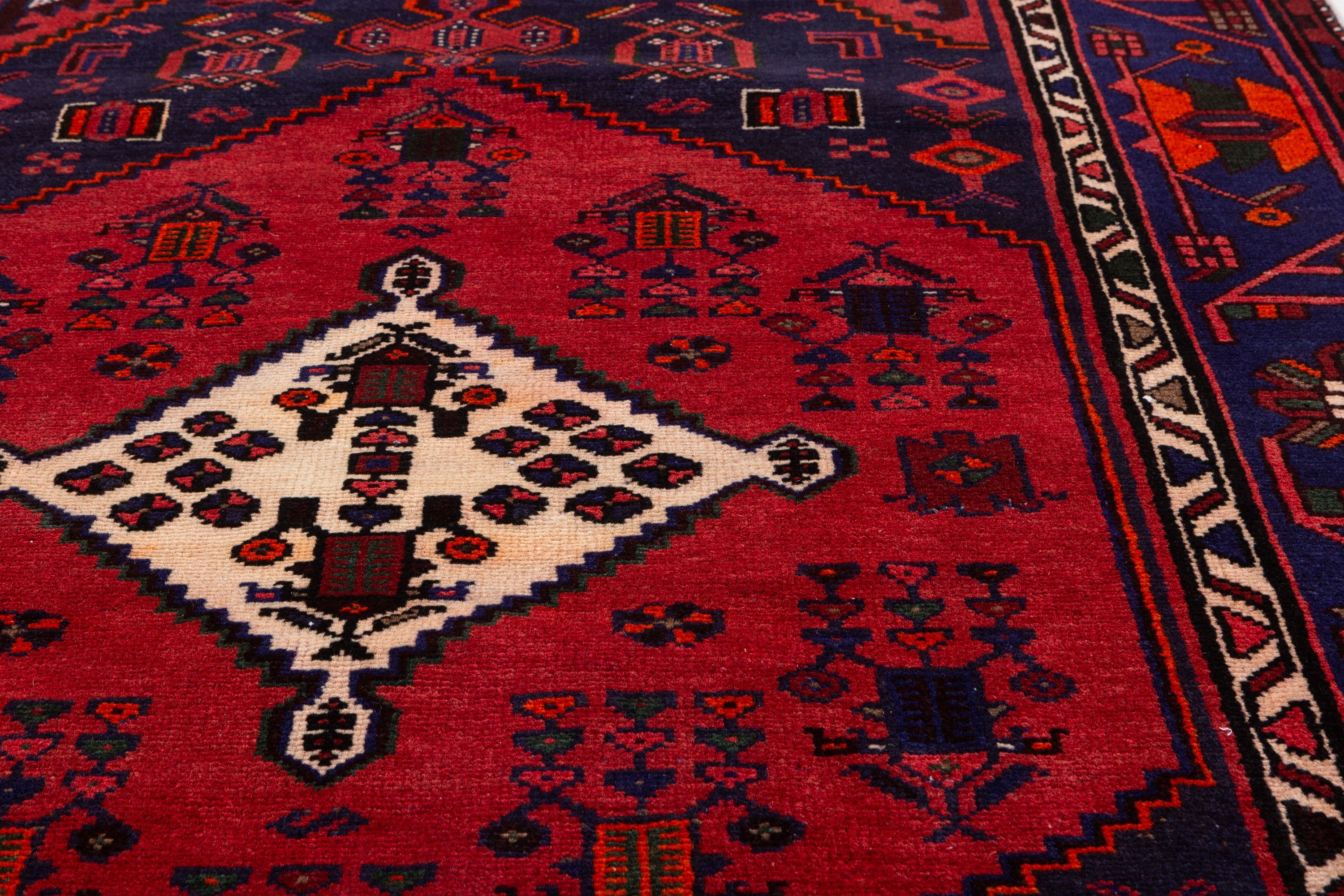 Vintage Deep Navy Blue Red, Orange Diamond Medallion Area Rug – 6' 6" x 4' 2" (197 x 127 cm)