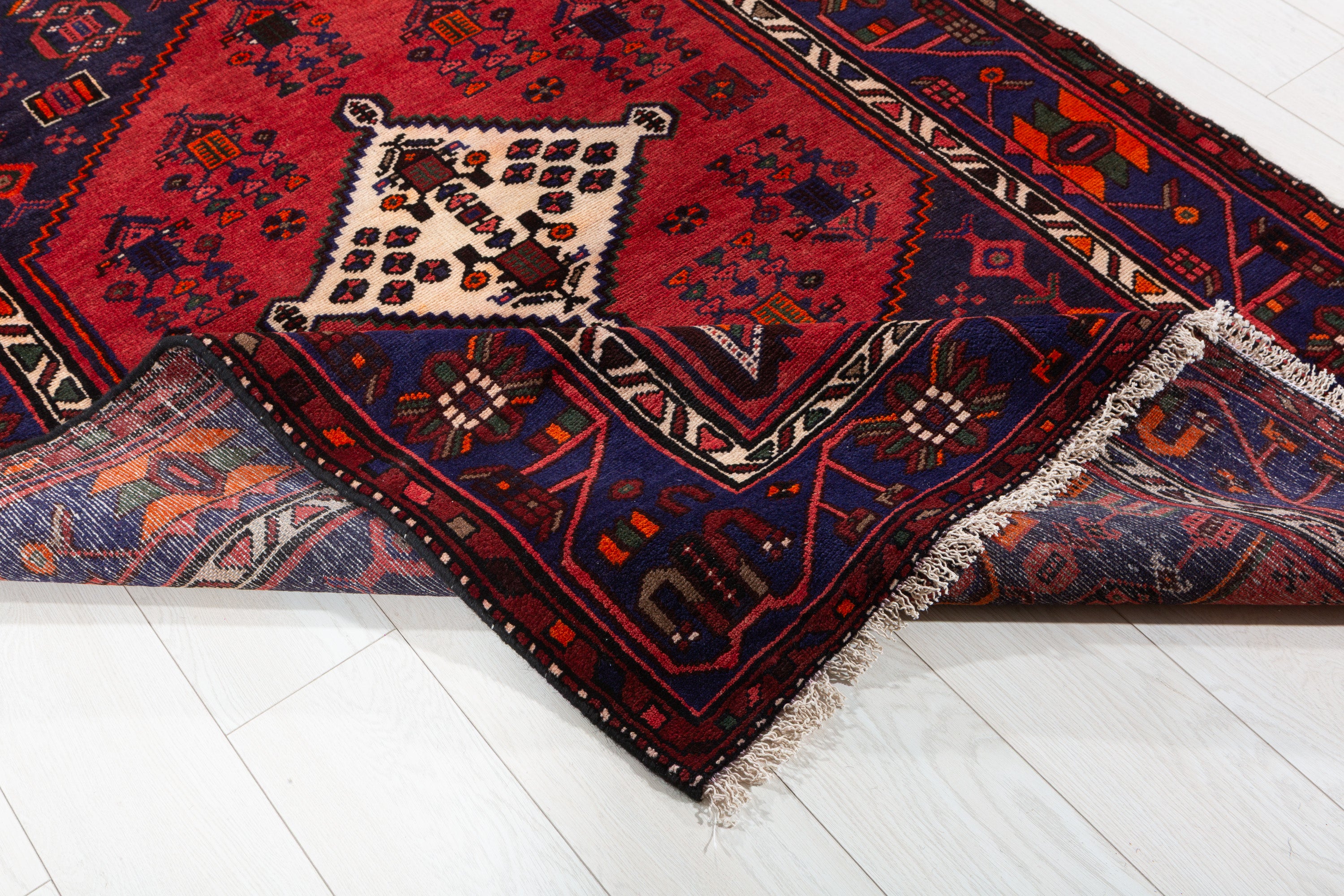 Vintage Deep Navy Blue Red, Orange Diamond Medallion Area Rug – 6' 6" x 4' 2" (197 x 127 cm)