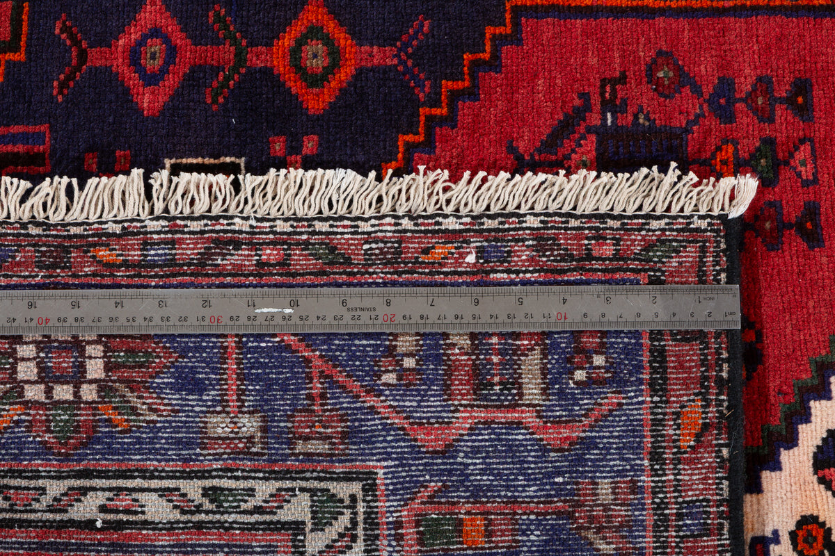 Vintage Deep Navy Blue Red, Orange Diamond Medallion Area Rug – 6' 6" x 4' 2" (197 x 127 cm)