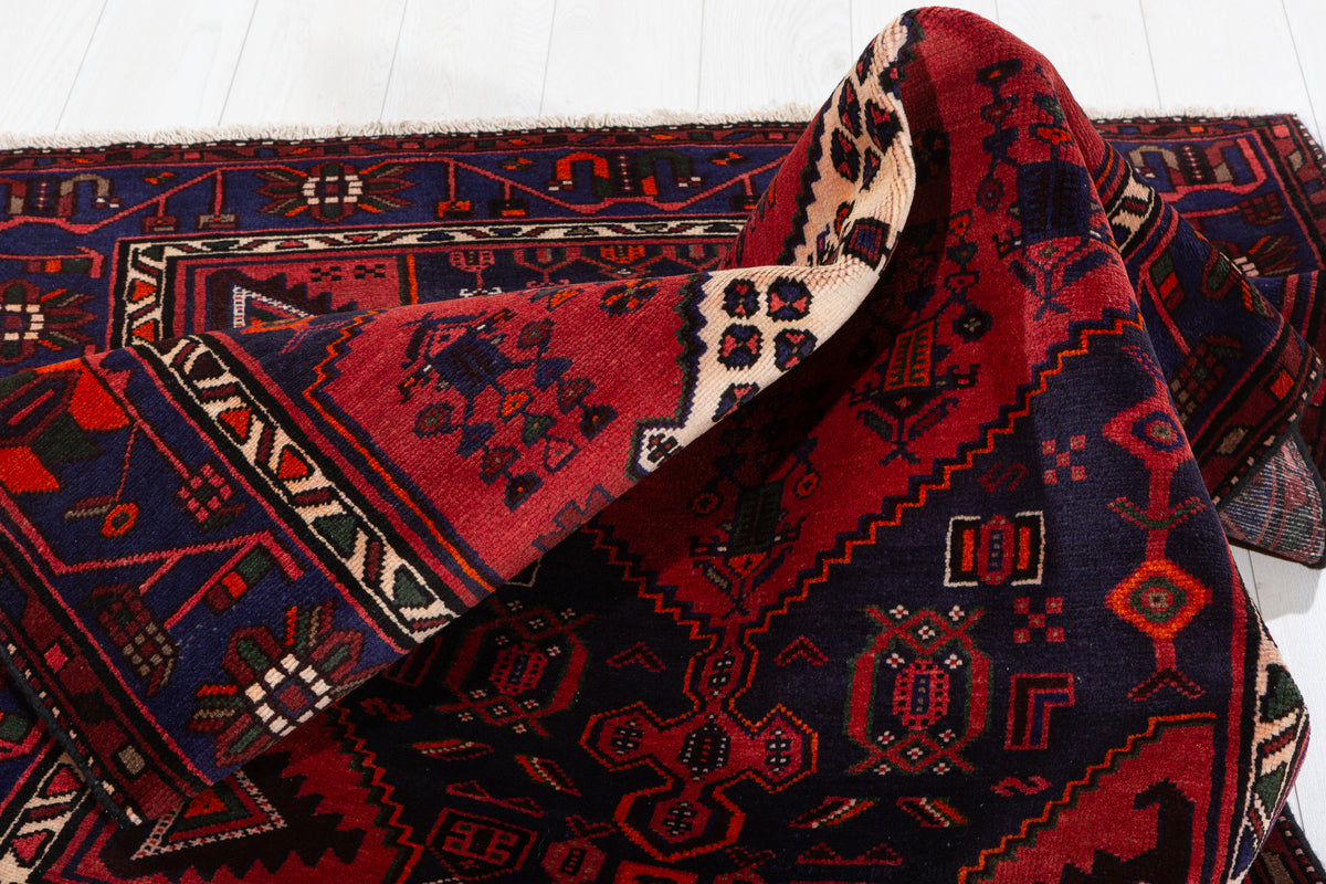 Vintage Deep Navy Blue Red, Orange Diamond Medallion Area Rug – 6' 6" x 4' 2" (197 x 127 cm)