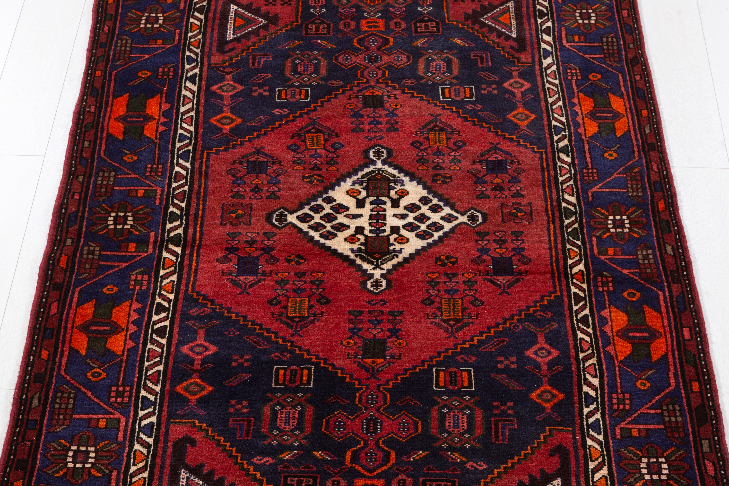 Vintage Deep Navy Blue, Red Diamond Medallion Area Rug – 6' 4" x 4' 3" (193 x 129 cm)