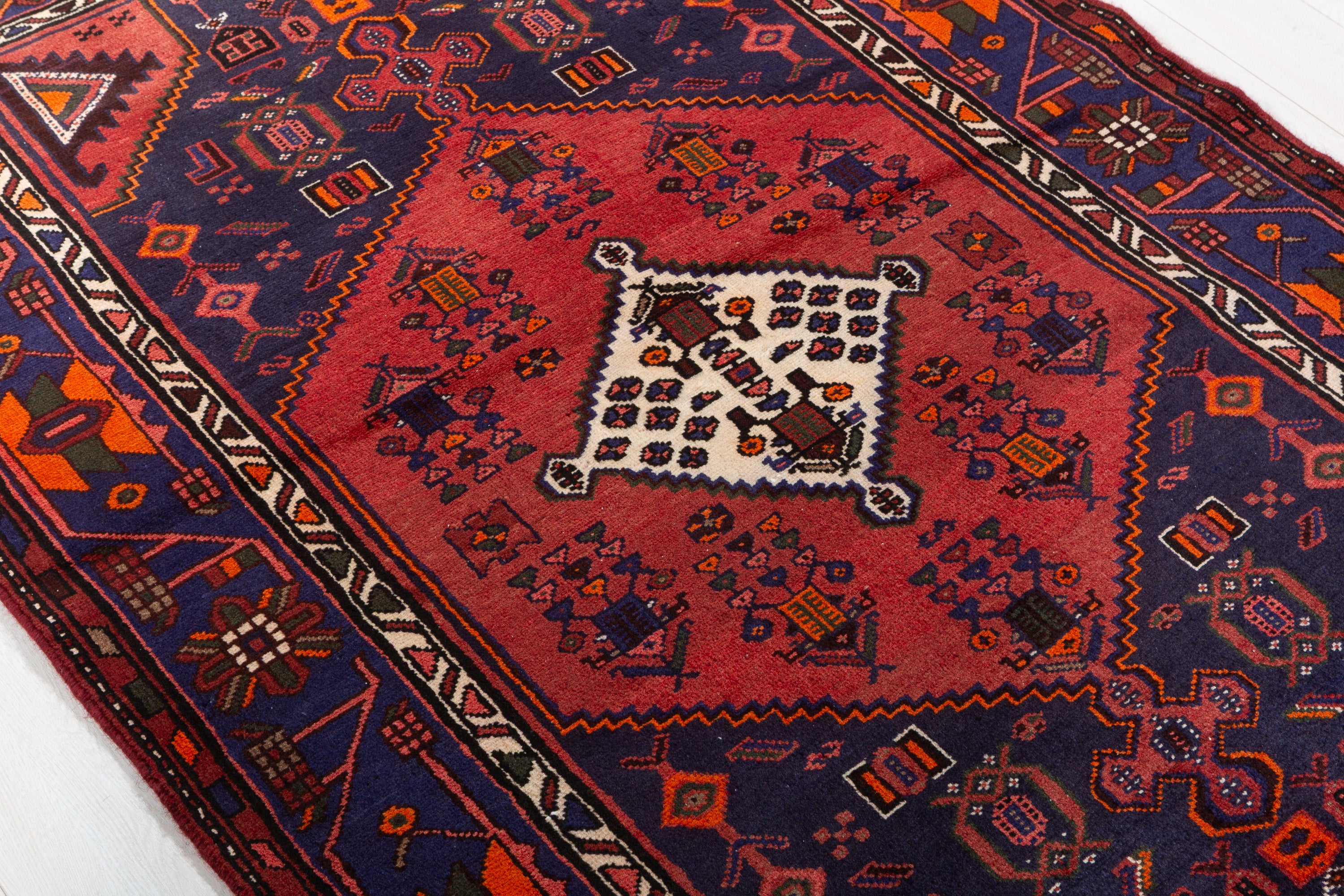 Vintage Deep Navy Blue, Red Diamond Medallion Area Rug – 6' 4" x 4' 3" (193 x 129 cm)
