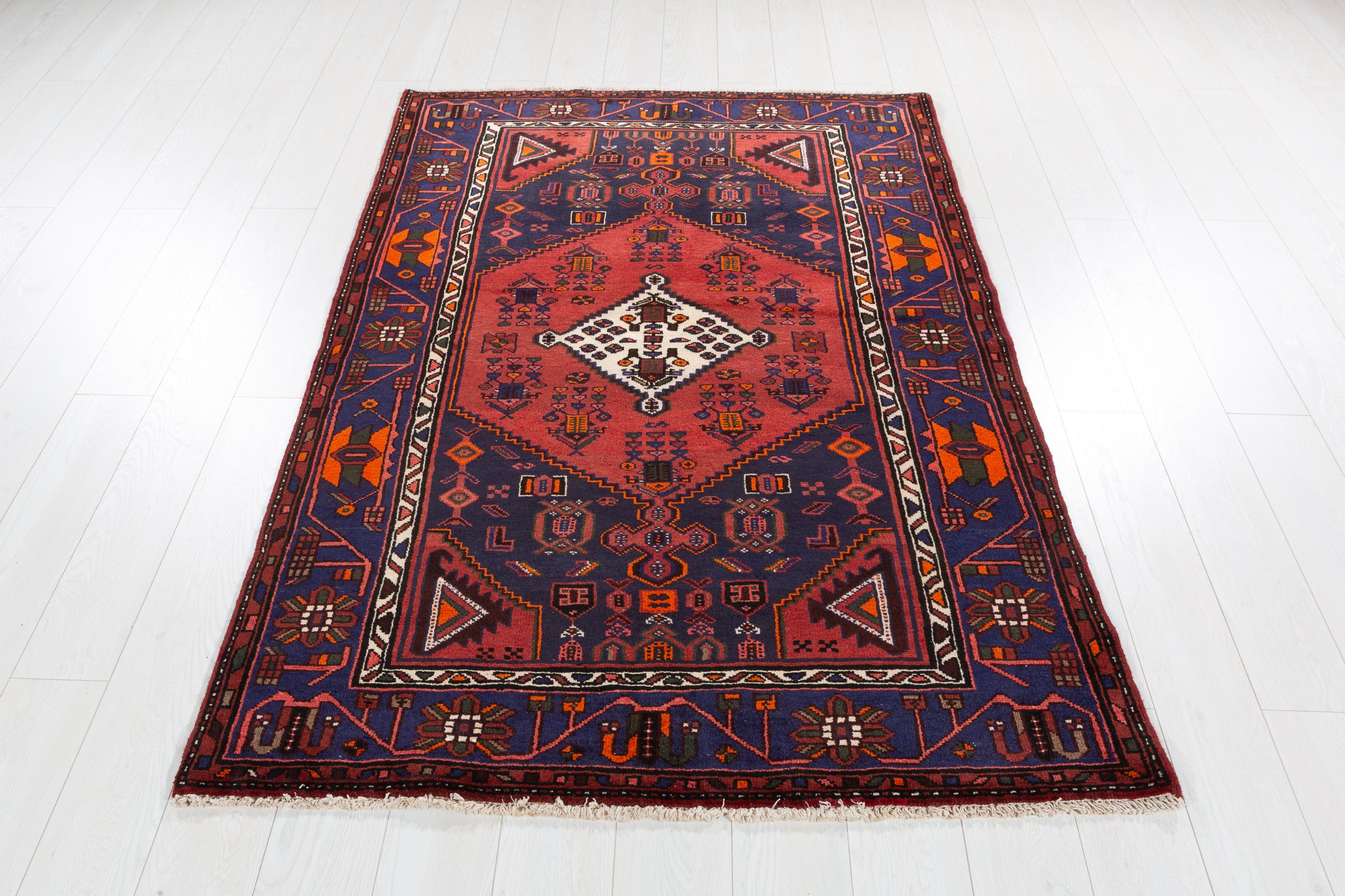 Vintage Deep Navy Blue, Red Diamond Medallion Area Rug – 6' 4" x 4' 3" (193 x 129 cm)