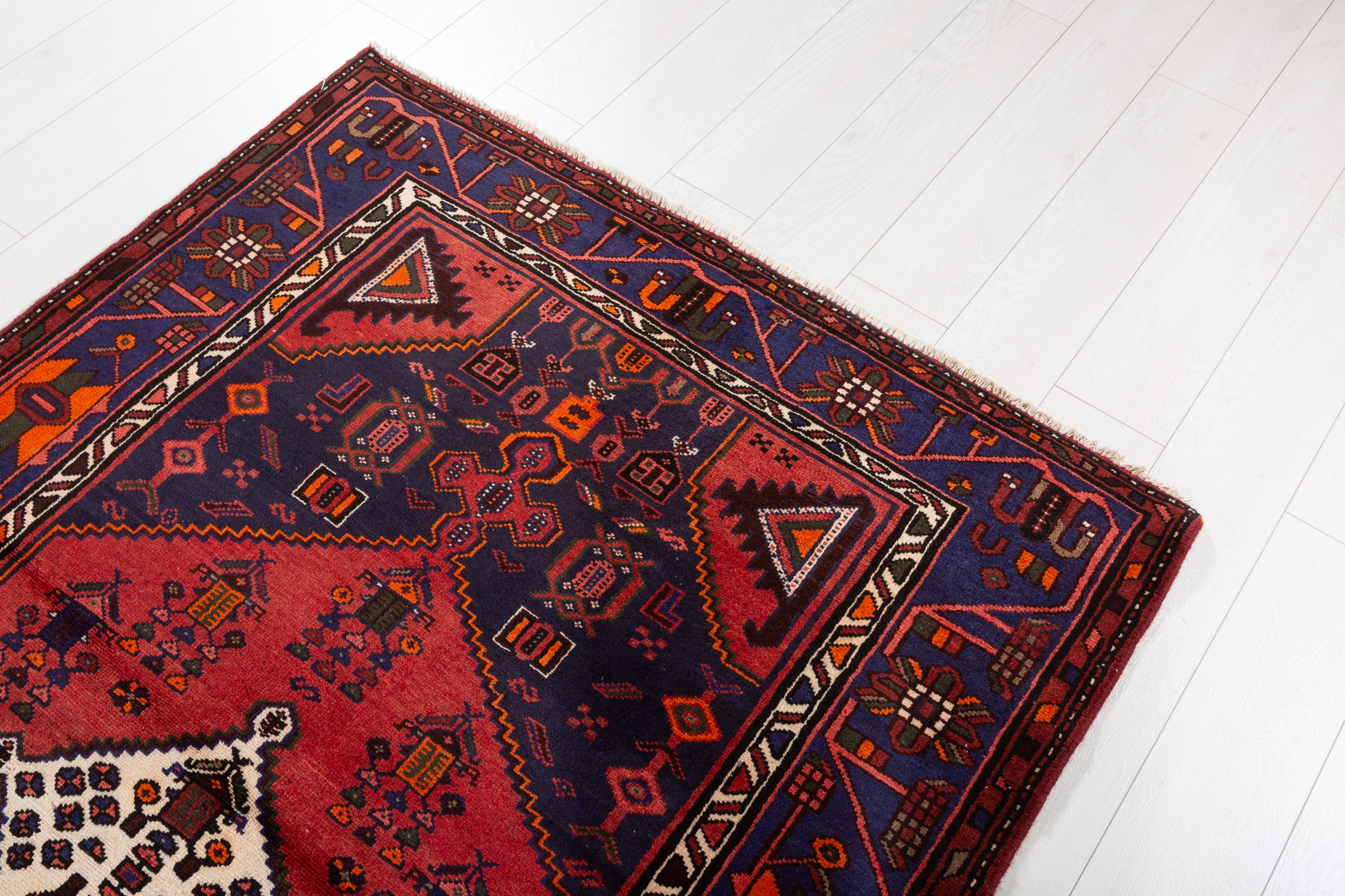 Vintage Deep Navy Blue, Red Diamond Medallion Area Rug – 6' 4" x 4' 3" (193 x 129 cm)
