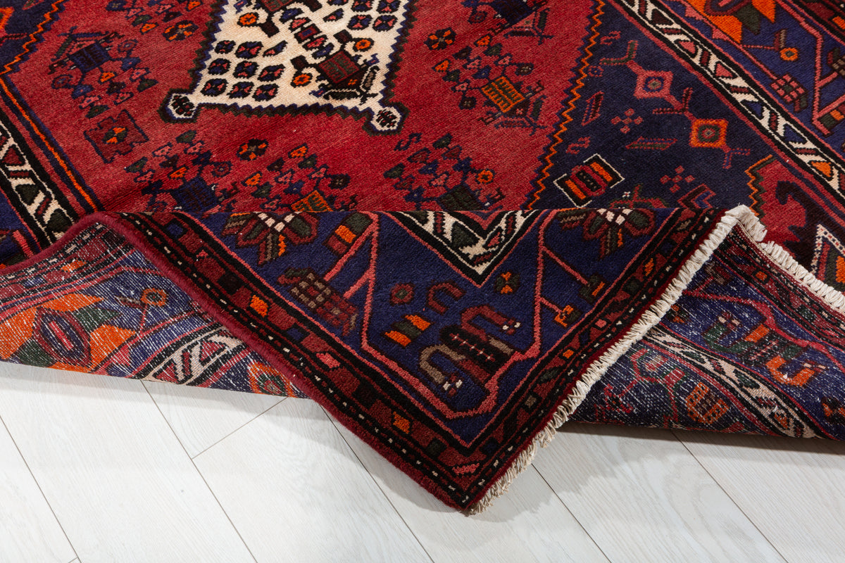 Vintage Deep Navy Blue, Red Diamond Medallion Area Rug – 6' 4" x 4' 3" (193 x 129 cm)