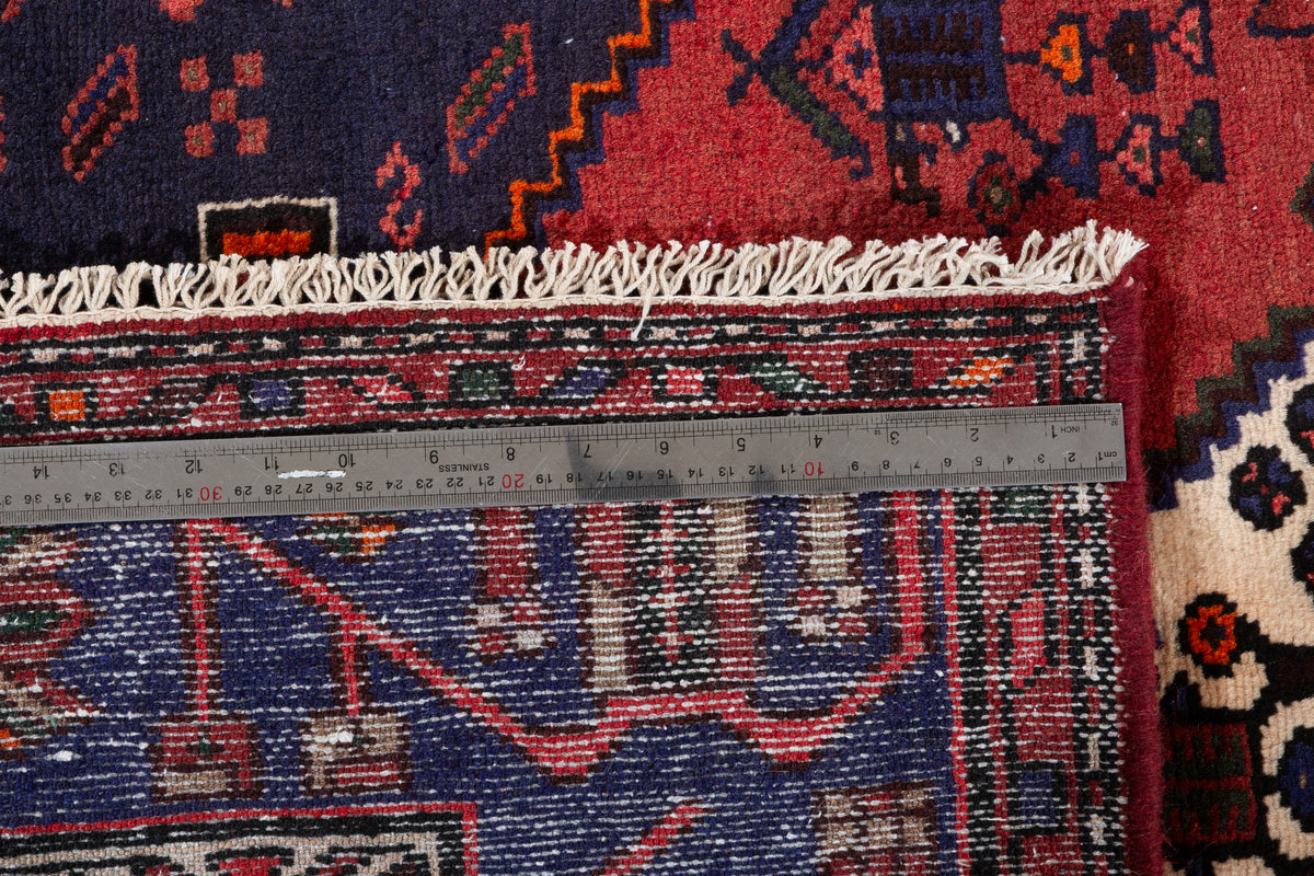 Vintage Deep Navy Blue, Red Diamond Medallion Area Rug – 6' 4" x 4' 3" (193 x 129 cm)