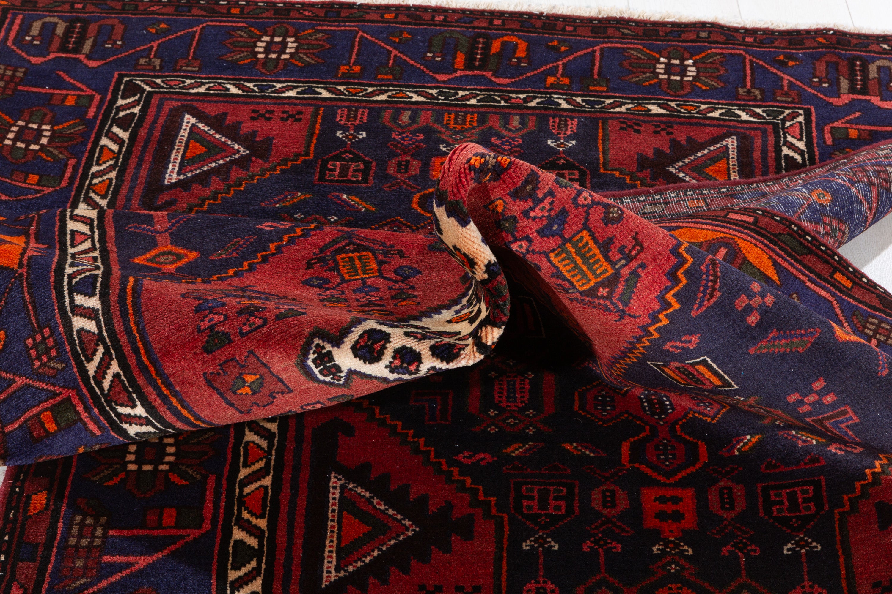 Vintage Deep Navy Blue, Red Diamond Medallion Area Rug – 6' 4" x 4' 3" (193 x 129 cm)