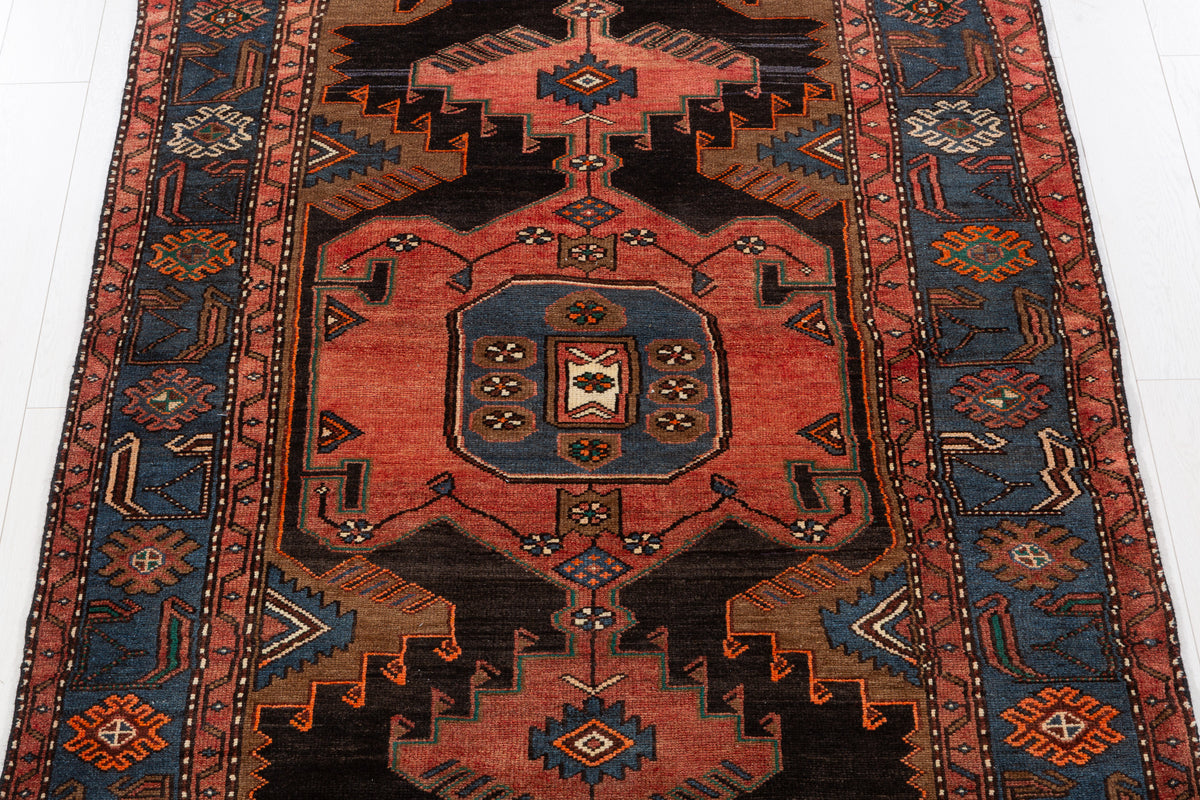 Collectible Vintage Faded Black, Coral Geometric Medallion Area Rug – 7' 1" x 4' 6" (216 x 138 cm)