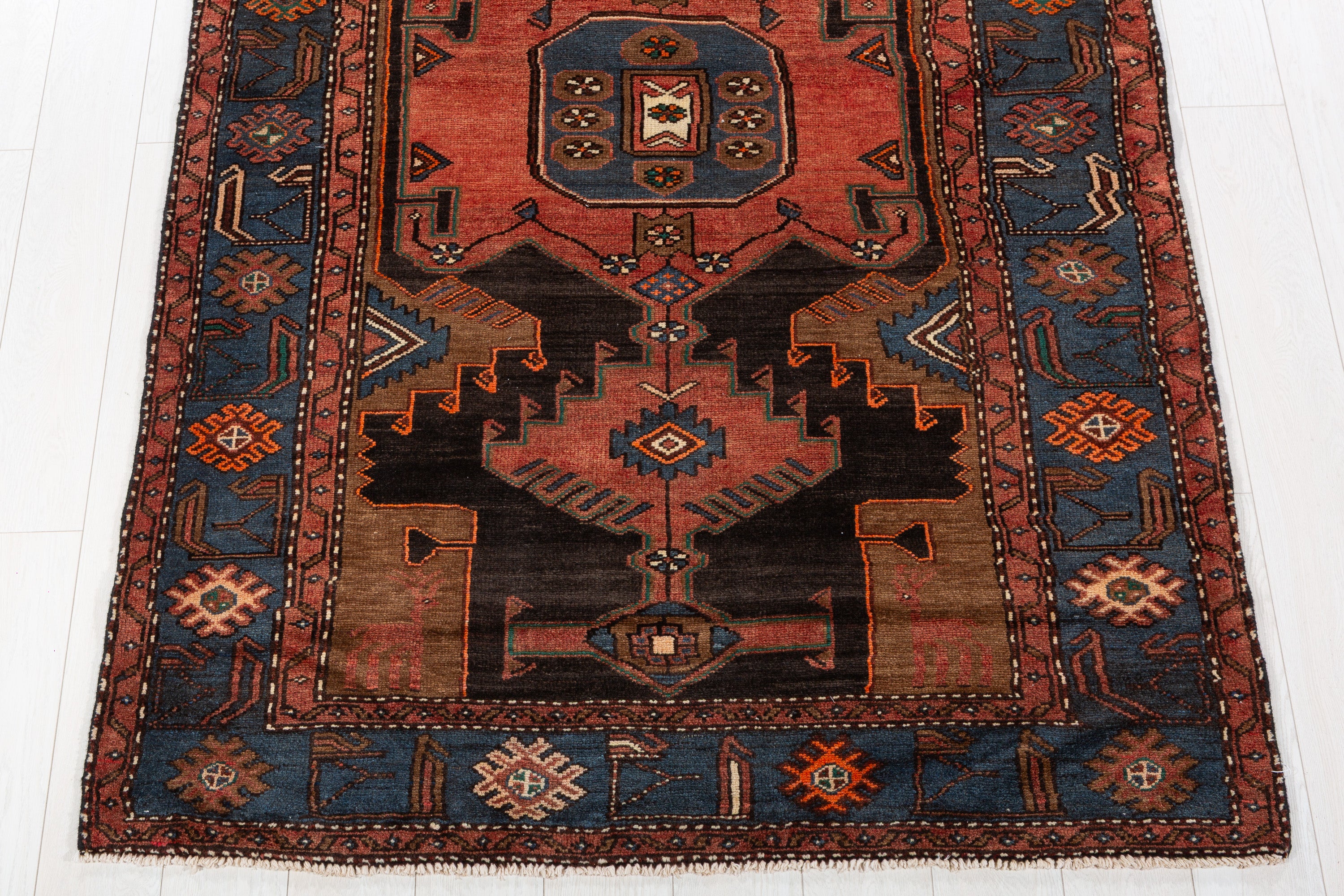 Collectible Vintage Faded Black, Coral Geometric Medallion Area Rug – 7' 1" x 4' 6" (216 x 138 cm)