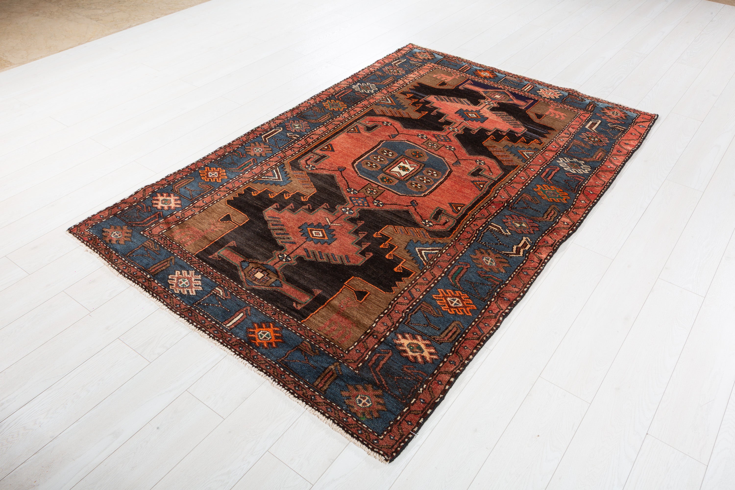 Collectible Vintage Faded Black, Coral Geometric Medallion Area Rug – 7' 1" x 4' 6" (216 x 138 cm)