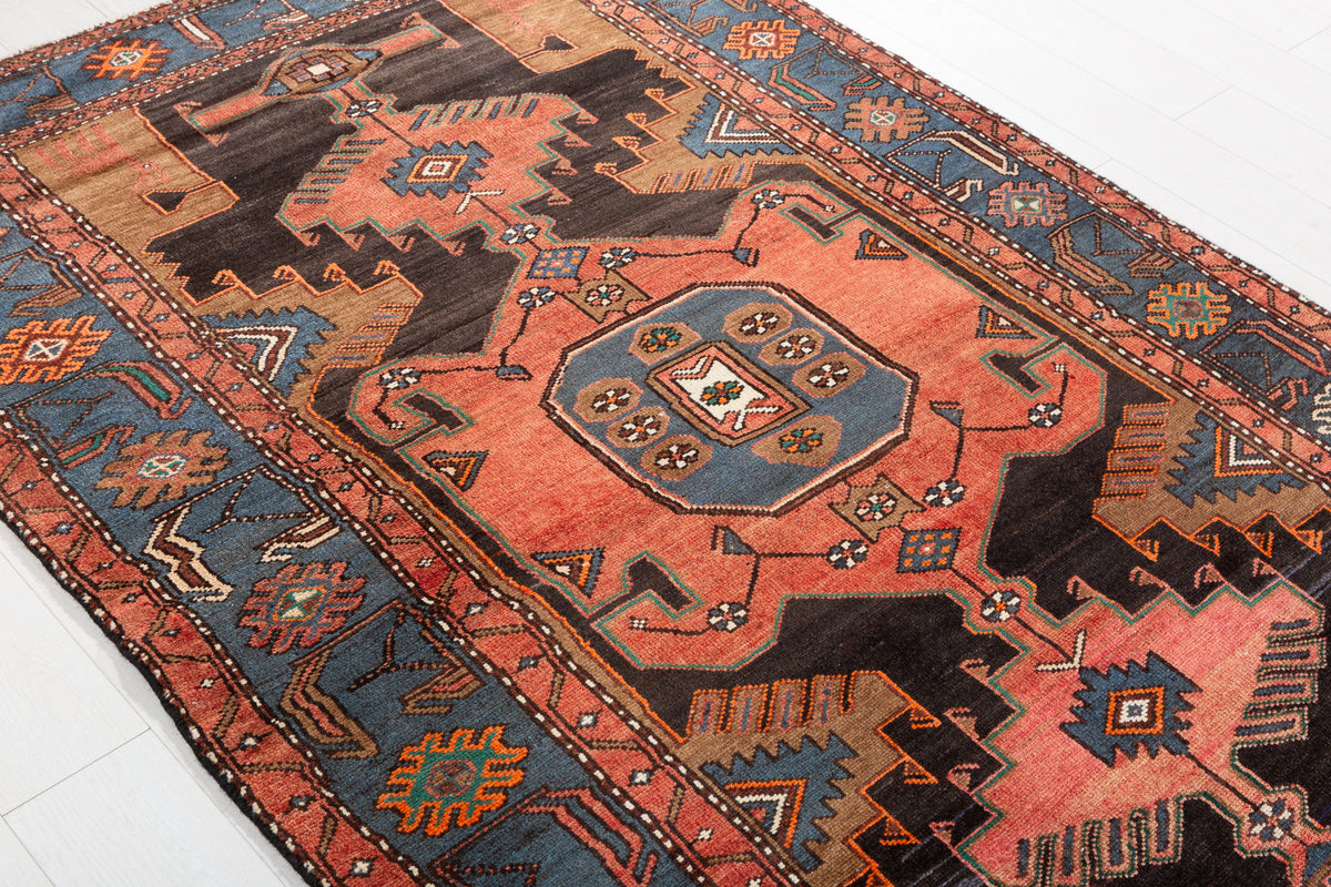 Collectible Vintage Faded Black, Coral Geometric Medallion Area Rug – 7' 1" x 4' 6" (216 x 138 cm)
