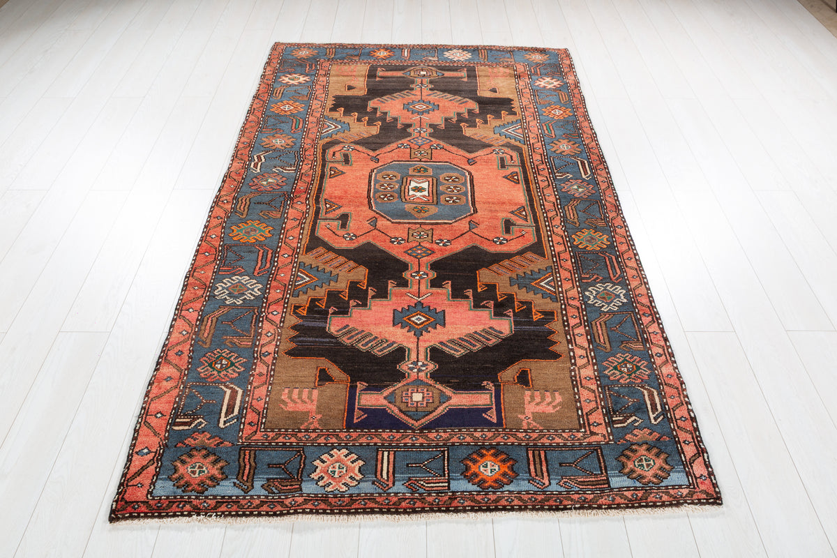 Collectible Vintage Faded Black, Coral Geometric Medallion Area Rug – 7' 1" x 4' 6" (216 x 138 cm)