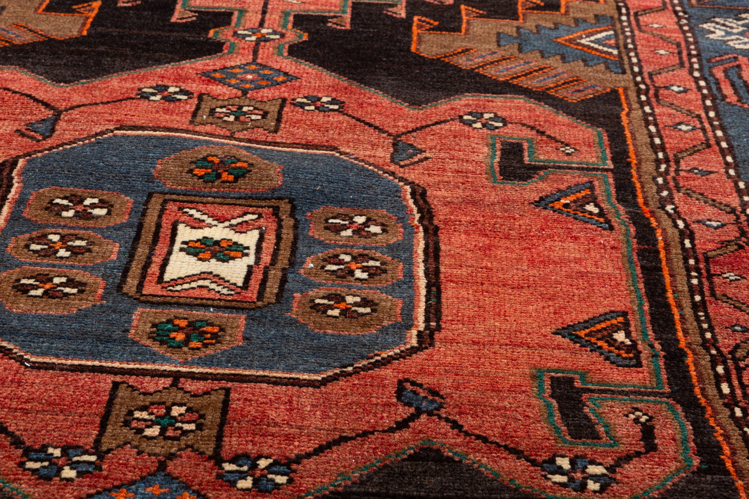Collectible Vintage Faded Black, Coral Geometric Medallion Area Rug – 7' 1" x 4' 6" (216 x 138 cm)