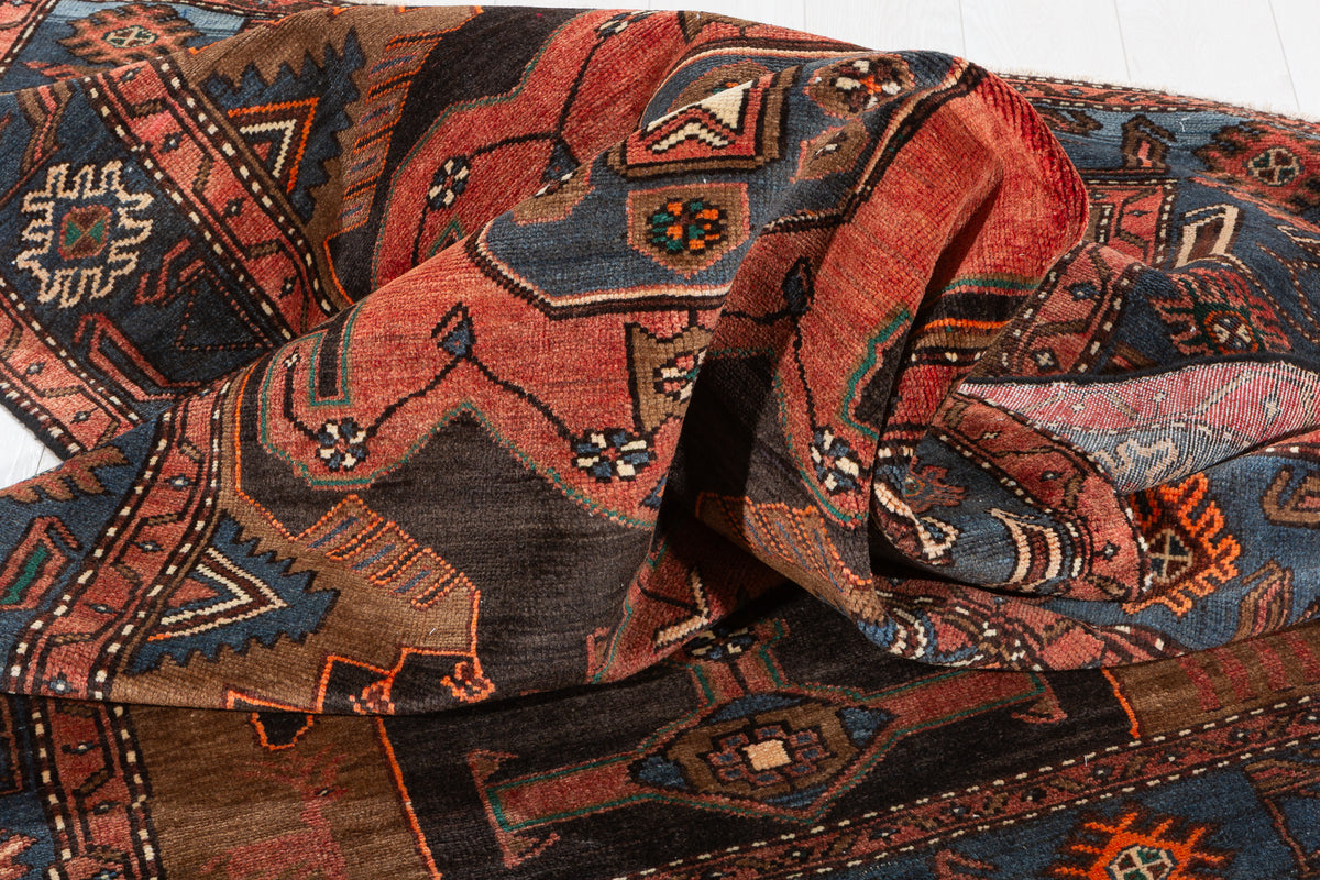 Collectible Vintage Faded Black, Coral Geometric Medallion Area Rug – 7' 1" x 4' 6" (216 x 138 cm)