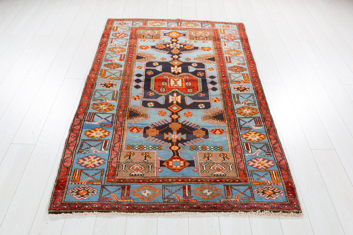 Collectible Vintage Turquoise blue, brown Geometric Area Rug – 6' 4" x 4' 2" (194 x 126 cm)