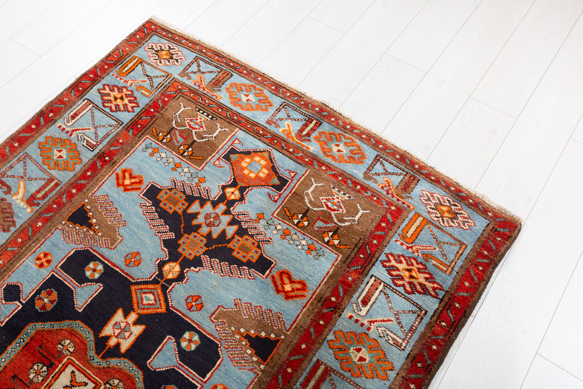 Collectible Vintage Turquoise blue, brown Geometric Area Rug – 6' 4" x 4' 2" (194 x 126 cm)